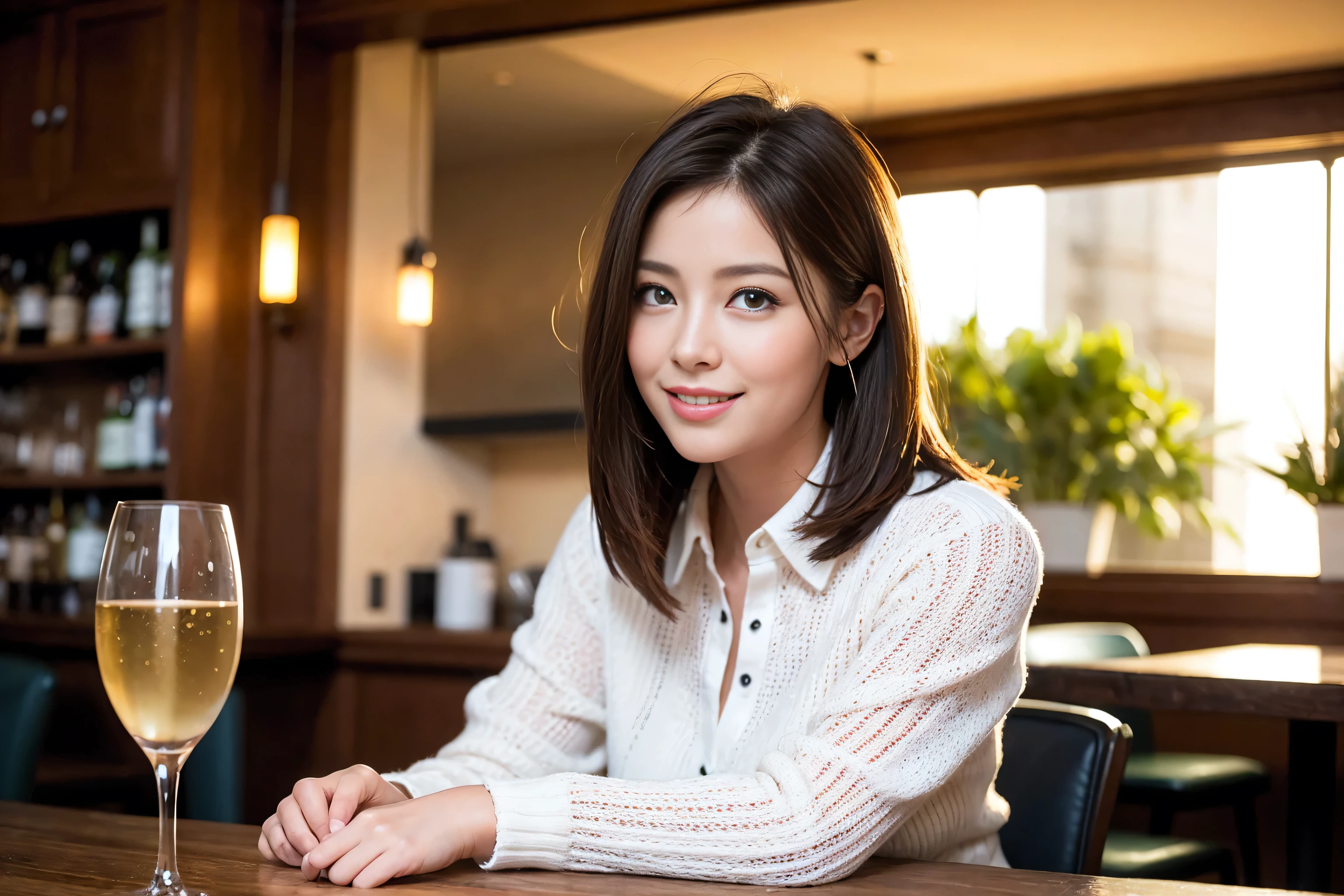((Highest quality、8K、masterpiece:1.3))、1 male、1 female、Couple、spouse、Couple、The body is slim、((Bob Hale、Straight hair:1.2)), (Realistic, Intricate details:1.2), テーブルの上のwine glass、Put the light on your face、 Amazing view of the sunset sky and clouds、Amazing mountain views、A bright smile、The wonderfulness of smile、Bright image、The beauty of wine, Beautiful Face, blue eyes, The light shines on your face, Blushing, short hair,Bright Face、 (Age 37), 39 years old, red wine 、Appetizers、Italian food、Wine bottle、Champagne、sparkling wine、Two beauties、Brown Hair、Shortcuts、Long sleeve shirt、dress、Beautiful woman 1, (slimな顔), (The body is slim), (Brown Hair), (Shortcuts), cheeks turn a little red,Attractive beauty、restaurant, In a prominent place (From the waist up) Nova Frog Style, actress, model, Upper Body, White wine, slim, wine glass, 中央に置かれたwine glass, smile, (smile: 1.15), Beautiful fine grain, Depth f/2,saturation, High Contrast, Strong light and shadow,Moist Body:1.5、3D texture、Delicate eyes、Brown Hair、The hair is very shiny、