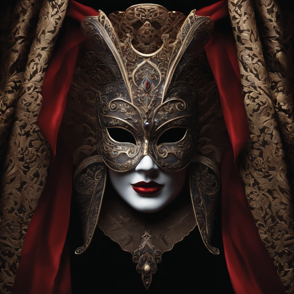 "On a dark background is a detailed theatrical mask in a modern style, made in white or black. Subdued light in red and blue shades falls on the mask, creating dramatic lighting. Red ribbons flutter behind the mask, adding dynamics and drama to the scene. mask without owner without person