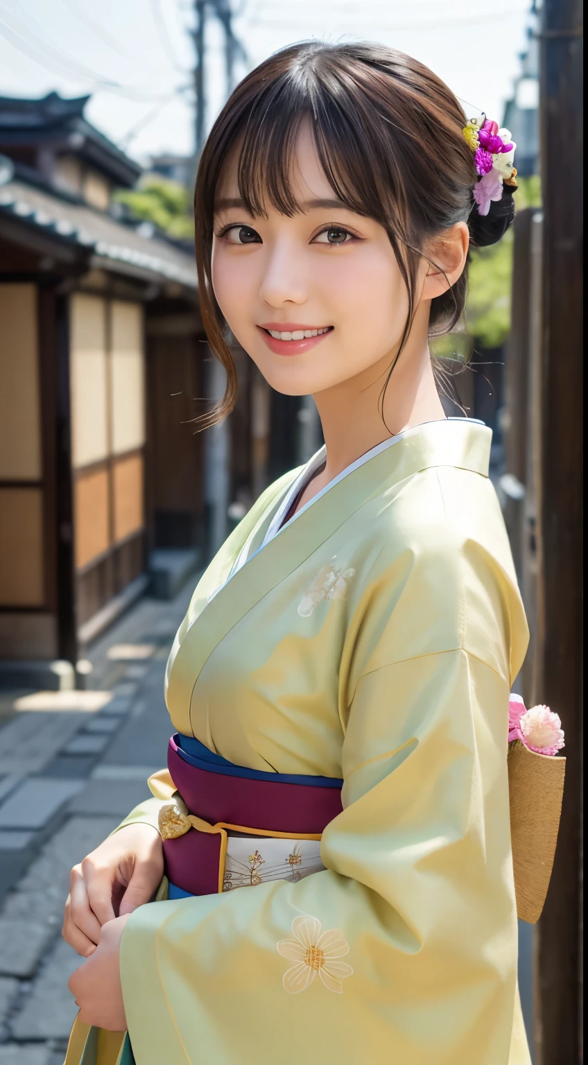 Professional Lighting,(Photorealistic:1.4), (Top image quality:1.0), (超A high resolution:1.0), 8k, Raw photography, (masterpiece:0.2), (Facing the children_v1:0.5)、(最高quality Detail:1.2)、Realistic、8K Ultra HD、High resolution、(1 girl:1.2)、超detailedな、High quality textures、複雑なdetailed、detailed、Very detailed CG、High quality shadows、detailed 美しく繊細な顔、Beautiful details and a delicate eye、(Symmetrical eyes:1.2),Written boundary depth、Ray Tracing,1 girl, Japanese Girls, (Natural smile:1.4),cute, thin, Portrait of a beautiful Japanese woman in a kimono, Standing elegantly on a street corner in Kyoto. Kimono with vibrant traditional patterns, Hair decorated with elegant and delicate hairpins, Gentle expression. (With the old streets of Kyoto in the background:1.4)、The soft light of a spring afternoon、Adding tranquility to the scene. Rendered in a Realistic style with great attention to detail, High resolutionの画像.Sky Porn, Magic Hour, (Realistic:1.3), finely, quality, (Tabletop:1.2), (Realistic:1.2), (最高quality), (複雑なdetailed), dramatic, Ray Tracing, photograph, +roller