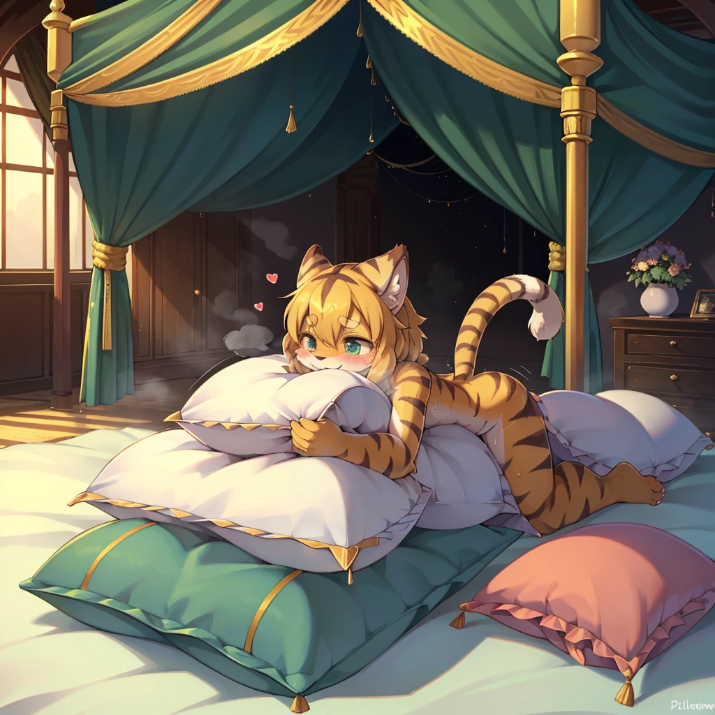 (masterpiece,best quality),my own, The Beast, , (适合任何Pillow背景的光影)), 穿着pajamas可爱女孩在Pillow上摆姿势 ,pajamas,Nature,, (blush),a smile,Pillow头,(很多Pillow),Soft cushion,(canopy bed),Soft pillow quotation,(Pillow损坏),很多Pillow,(Crotch rubbing),((Pillow驼峰)),(Pillow),(A tail),,(粉色Pillow),(Love around the protagonist),Steam,(Pillow头),(),(豪华Pillow),(Pillow),(palace),(Palace bedroom),(Pillow),柔软的Pillow,,(Classical European style bedroom ),(excited,shy person,Lack of expressiveness,),,pillow humping,mia,tiger tail,tiger ears,Tiger pattern,,Sweat,,Sweaty,Body swing,身体Shaking lines,Shaking lines,best quality, masterpiece, ((Maximum resolution)), artwork, ,,,(Interior of the palace),(In the bedroom at night),(Deluxe Rococo Canopy King Bed),On a big and spacious bed,(the 女孩 is lying on the bed),Before bedtime,,,Luxurious curtains with ornate ruffles and ribbons surround the bed,((((There are many pillows piled on the bed)))),Detail of Quilt,Detailed bed sheets,Ruffled Bed Skirt,Deep Bed,Background with depth,pajamas , ((((大量的Pillow)))),peeing,squatting,water,urine,Shaking lines,wetting pillows,Flowing liquid,Violent body shaking,剧烈Shaking lines,