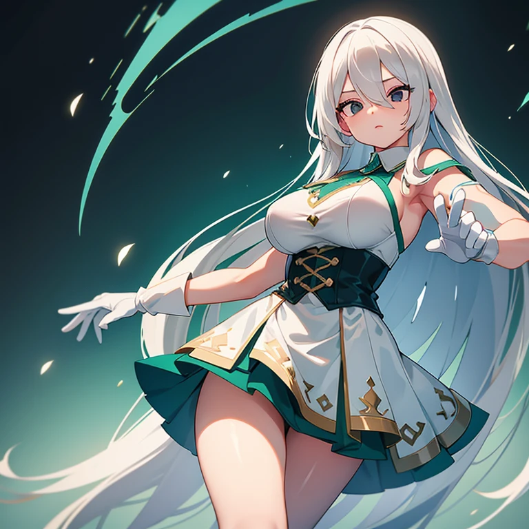 Women,white hair,Elongated hair and Lazio,hair over eyes,black eyes,swept bangs,breasts,Light Green short skirt dress with blue details, white gloves,green dress, ,theet, fighting pose
