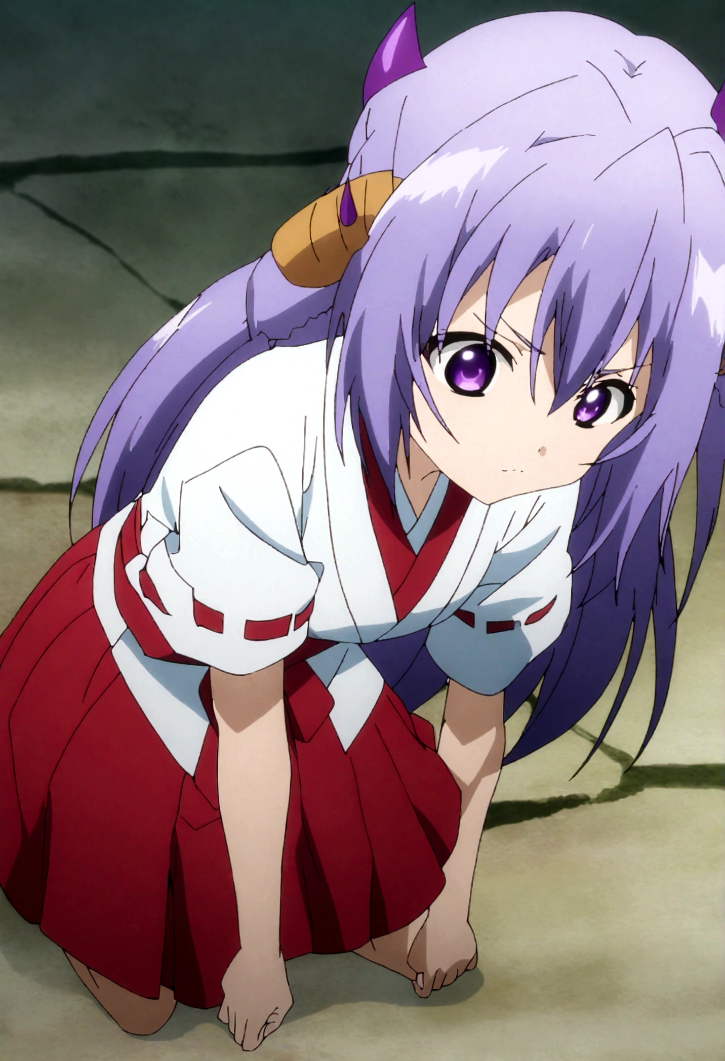 score_9, score_8_up, score_7_up, score_6_up, source_anime,BREAK , 1girl, hanyuu, solo, (tween:1.2), kawaii, ((horns)), ??????????????, purple eyes, purple hair, long hair, simple background, white background, japanese clothes, miko, skirt, hakama, hakama skirt, red detached sleeves, red hakama,v-arms,,,anime screencap, anime coloring