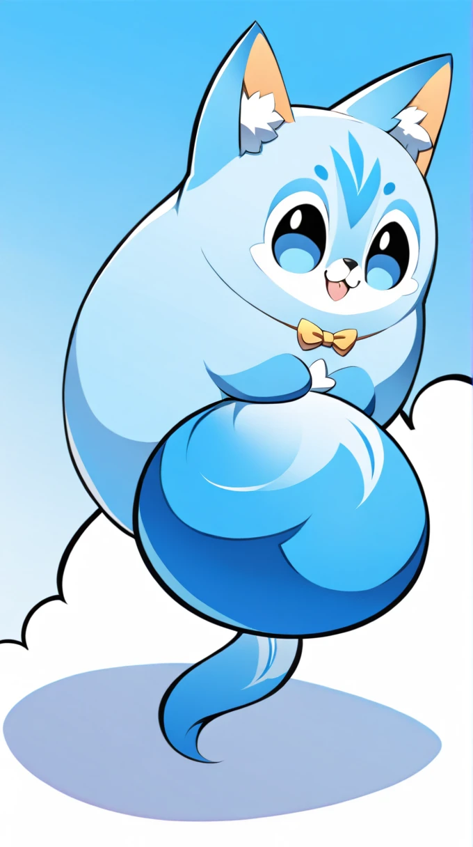 This image depicts a stylized、Blue creature in cartoon style，It has features like a fox。it has a big fluffy tail，With a cheerful smile on his face。The creature&#39;s fur is primarily a vivid blue，With light blue and white accents，Give it a soft and friendly look。It has big brown eyes and a small black nose。This character is presented in a playful manner，Looks like he&#39;s running or playing。The background is a simple orange sky，There seems to be a piece of ground，There are some white daisies growing there，This makes the image settings more cheerful。