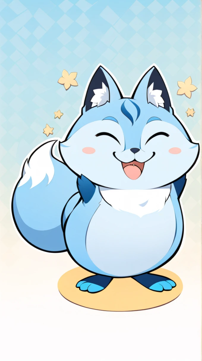 This image depicts a stylized、Blue creature in cartoon style，It has features like a fox。it has a big fluffy tail，With a cheerful smile on his face。The creature&#39;s fur is primarily a vivid blue，With light blue and white accents，Give it a soft and friendly look。It has big brown eyes and a small black nose。This character is presented in a playful manner，Looks like he&#39;s running or playing。The background is a simple orange sky，There seems to be a piece of ground，There are some white daisies growing there，This makes the image settings more cheerful。