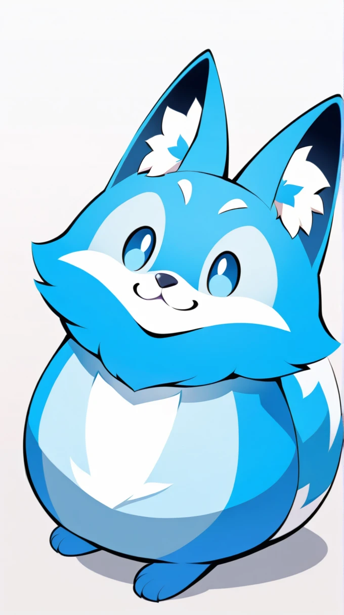 This image depicts a stylized、Blue creature in cartoon style，It has features like a fox。it has a big fluffy tail，With a cheerful smile on his face。The creature&#39;s fur is primarily a vivid blue，With light blue and white accents，Give it a soft and friendly look。It has big brown eyes and a small black nose。This character is presented in a playful manner，Looks like he&#39;s running or playing。The background is a simple orange sky，There seems to be a piece of ground，There are some white daisies growing there，This makes the image settings more cheerful。