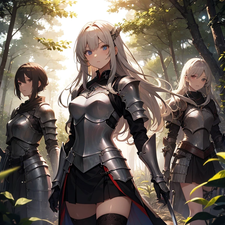 A group of female knight, (in forest), various hair styles, harem, wearing armored clothes, metal armor, night, details face, , short skirt, seducing, sword