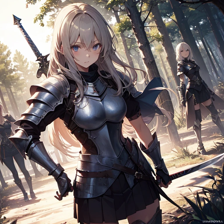 A group of female knight, (in forest), various hair styles, harem, wearing armored clothes, metal armor, night, details face, , short skirt, seducing, sword