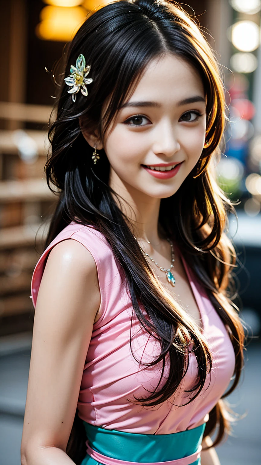 (Top quality:1.1)、(Reality:1.1)、(picture:1.1)、(Very detailed:1.1)、Viewer、bracelet、Нефритовый bracelet、eyelash、Happy、Medium breasts、Beautiful and delicate girl、(Extremely detailed eyes and face)、(Lights on the face)、necklace、Colorful clothes、[Move away from the shoulder]、(Solitary:1.2)、in the city、summer、(Beautiful and detailed sky)、Browse、Network Function Virtualization、Look here and smile、