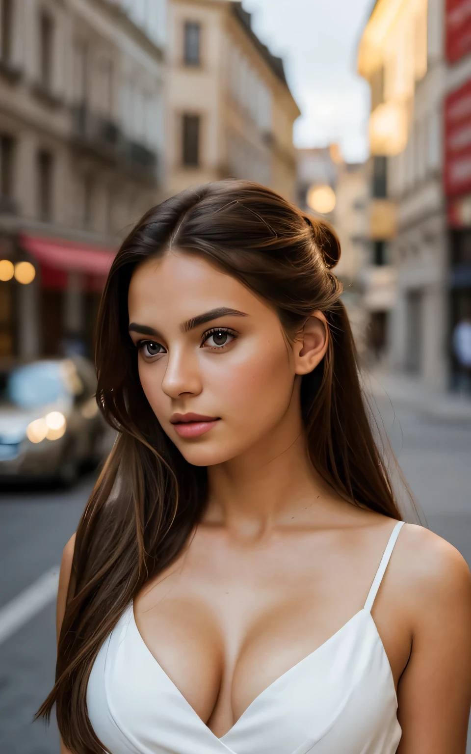photography of 2 stunning girl, in the city, enjoying, girl, summer, hot girl, (((small bust))), brunette hair, high bun hair, long_hair, looks into the camera, symmetrical face, photorealistic, photography, spectacular lighting,, gorgeous, cleavage, western, (masterpice), best quality, high resolution, extremely detailed, skin with pores, blurred background, depth of field, cinematic lighting, EUROPE, cinematic lighting