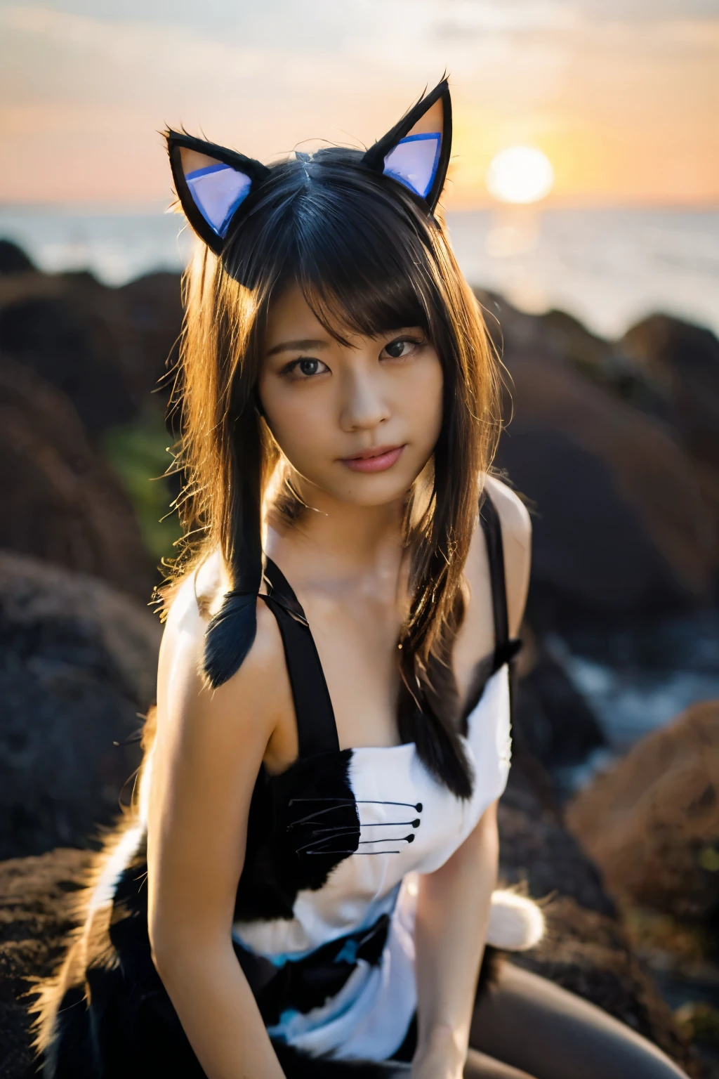 (8k、RAW photo、highest quality、masterpiece:1.5)、(realistic、Photoreal:1.5)、super detailed、超A high resolution、cinematic lighting、(((A beautiful woman with dog ears)))、(((16 year old Japanese girl)))、(((Wearing a dog-themed bikini)))、、cute smile、Fun and energetic atmosphere、dynamic angle、dynamic lighting、big breasts、cleavage、rural scenery、full body shot、A dog's tail is growing