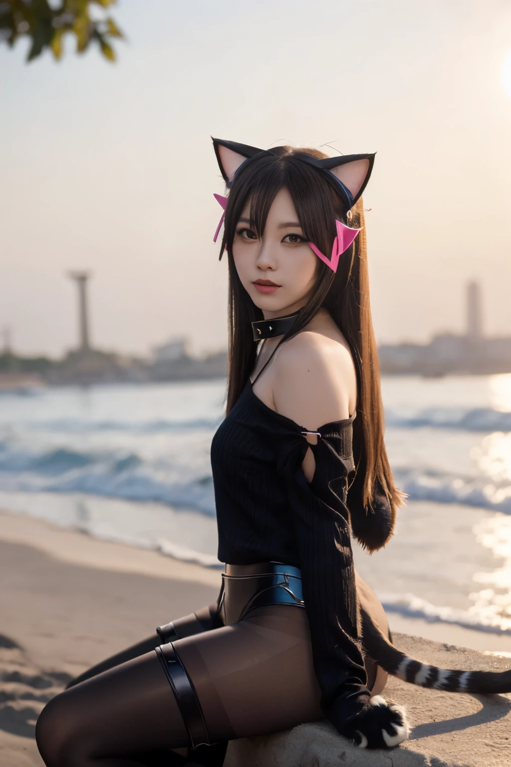 Masterpiece, bokeh, (Cat ears:1.4), Sitting in sundown seashore, Looking at the viewer, high , pantyhose,