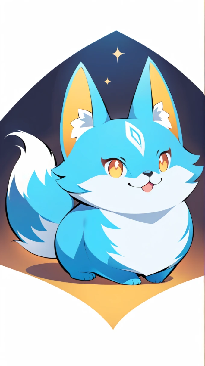 This image depicts a stylized、Blue creature in cartoon style，It has features like a fox。it has a big fluffy tail，With a cheerful smile on his face。The creature&#39;s fur is primarily a vivid blue，With light blue and white accents，Give it a soft and friendly look。It has big brown eyes and a small black nose。This character is presented in a playful manner，Looks like he&#39;s running or playing。The background is a simple orange sky，There seems to be a piece of land，This makes the image settings more cheerful。