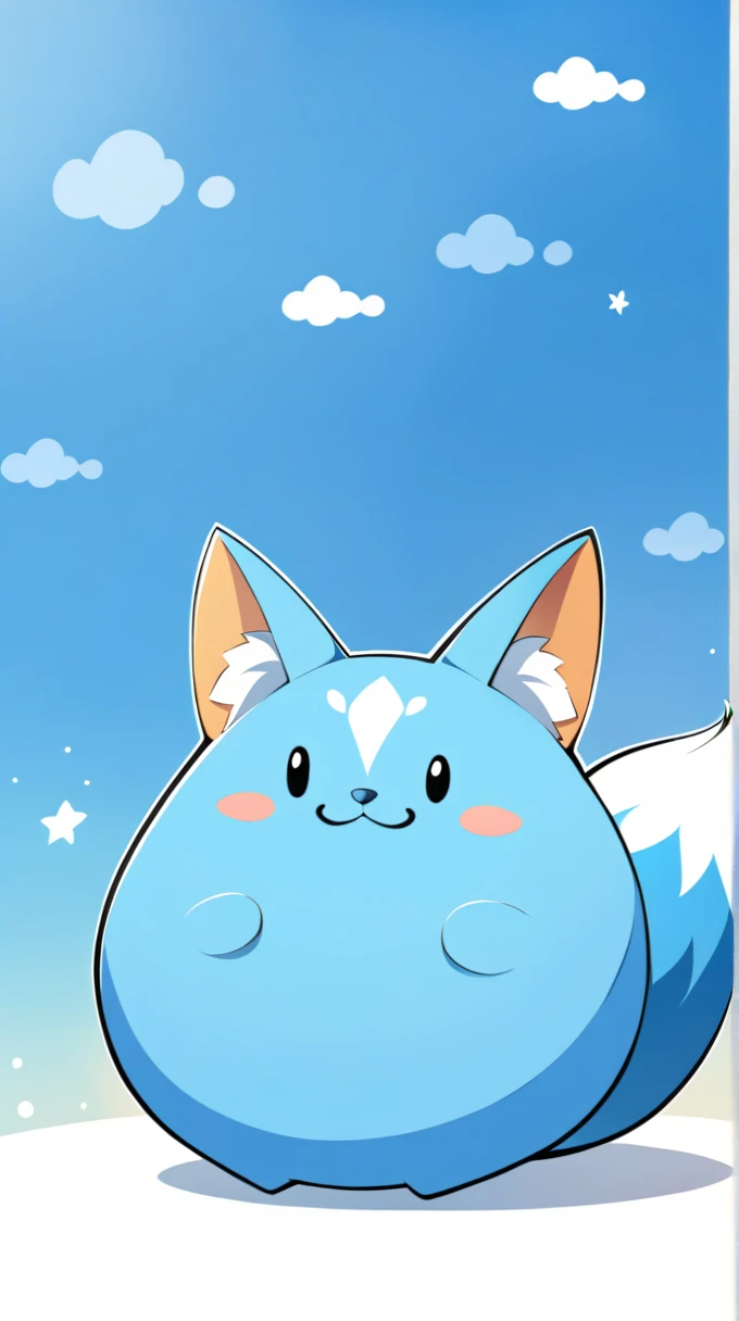 This image depicts a stylized、Blue creature in cartoon style，It has features like a fox。it has a big fluffy tail，With a cheerful smile on his face。The creature&#39;s fur is primarily a vivid blue，With light blue and white accents，Give it a soft and friendly look。It has big brown eyes and a small black nose。This character is presented in a playful manner，Looks like he&#39;s running or playing。The background is a simple orange sky，There seems to be a piece of land，This makes the image settings more cheerful。