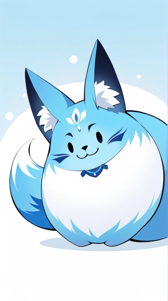 This image depicts a stylized、Blue creature in cartoon style，It has features like a fox。it has a big fluffy tail，With a cheerful smile on his face。The creature&#39;s fur is primarily a vivid blue，With light blue and white accents，Give it a soft and friendly look。It has big brown eyes and a small black nose。This character is presented in a playful manner，Looks like he&#39;s running or playing。The background is a simple orange sky，There seems to be a piece of land，This makes the image settings more cheerful。