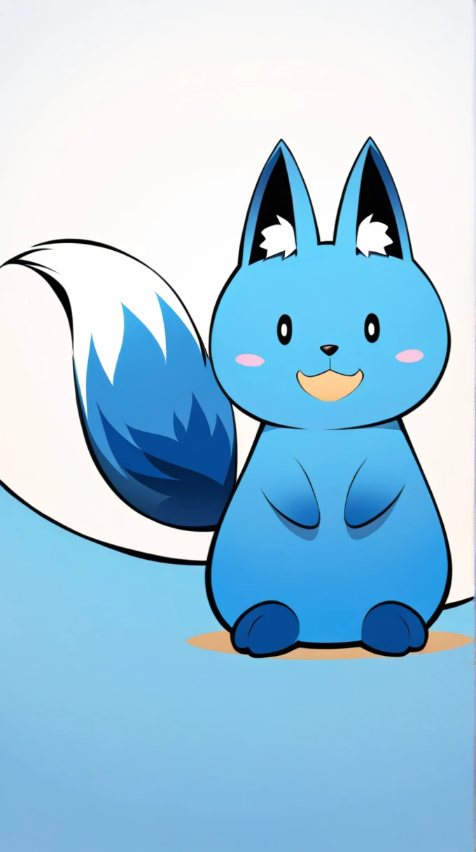 This image depicts a stylized、Blue creature in cartoon style，It has features like a fox。it has a big fluffy tail，With a cheerful smile on his face。The creature&#39;s fur is primarily a vivid blue，With light blue and white accents，Give it a soft and friendly look。It has big brown eyes and a small black nose。This character is presented in a playful manner，Looks like he&#39;s running or playing。The background is a simple orange sky，There seems to be a piece of land，This makes the image settings more cheerful。