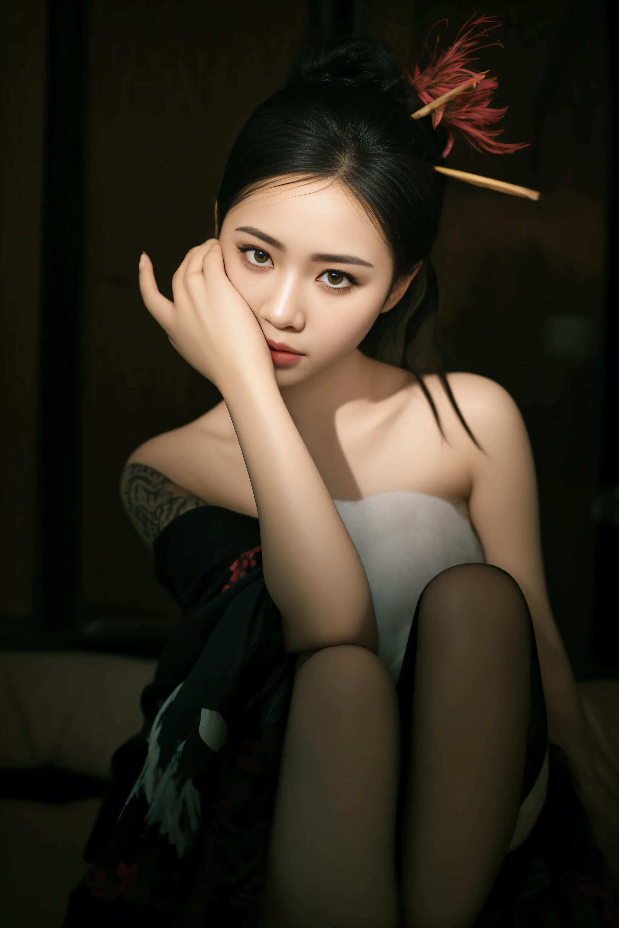 arafed woman with a feather in her hair sitting on a bed, taken with canon eos 5 d mark iv, portrait shot, photo taken with nikon d 7 5 0, photo taken with nikon d750, taken with canon 5d mk4, of taiwanese girl with tattoos, young asian girl, a young asian woman, chinese girl, young asian woman