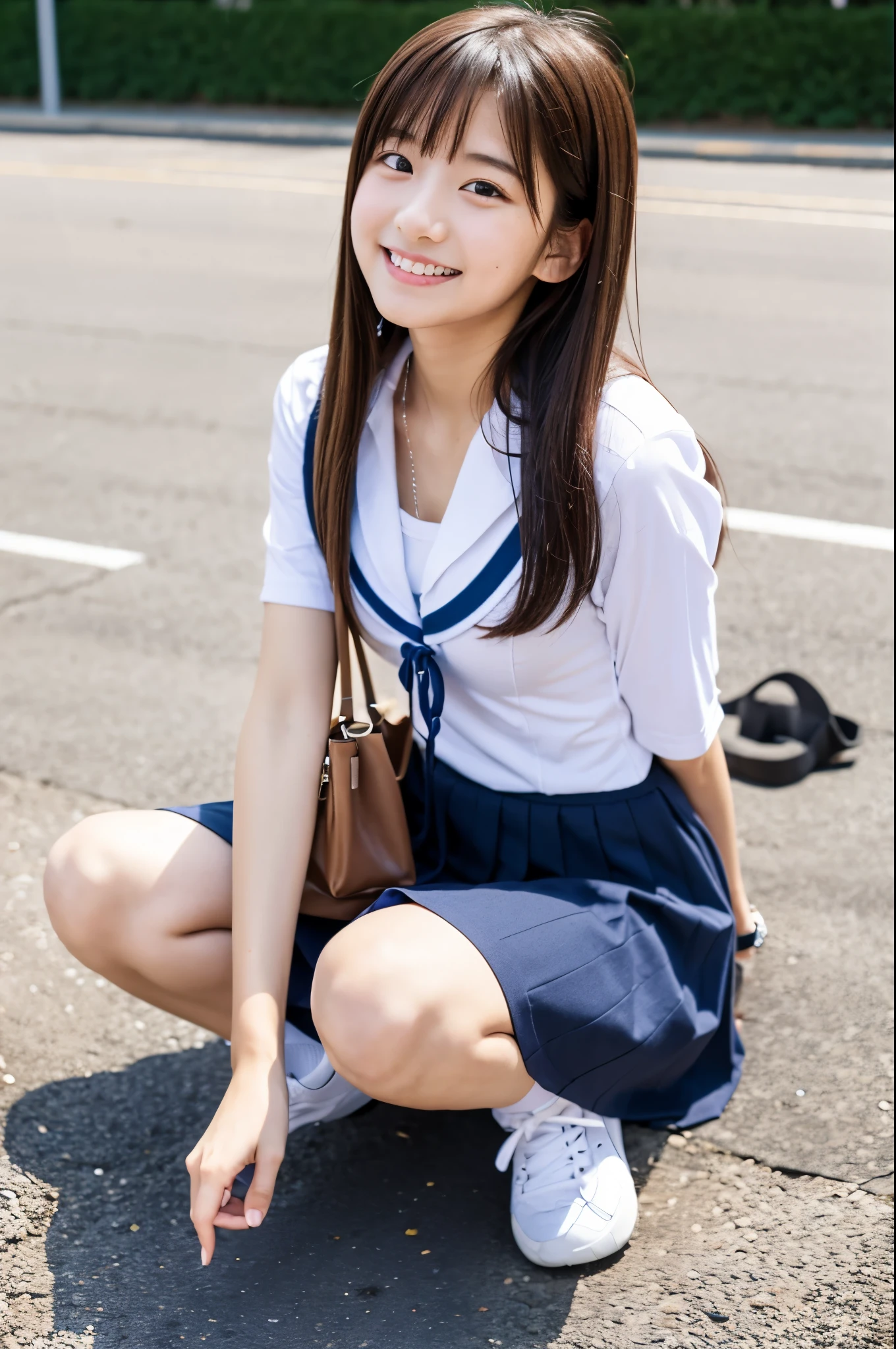Run and run, girl jumping,Have School bag,Smile at viewer, huge breast, big breast,Glamour,Japanese High School black uniform,sailor uniform black mini skirt,Glamour,big breasted, (best quality, masterpiece:1.2), A cute girl 14years old,sexy 8k Portrait, Bra, outdoor,princess eyes,white skin,beautiful the most
