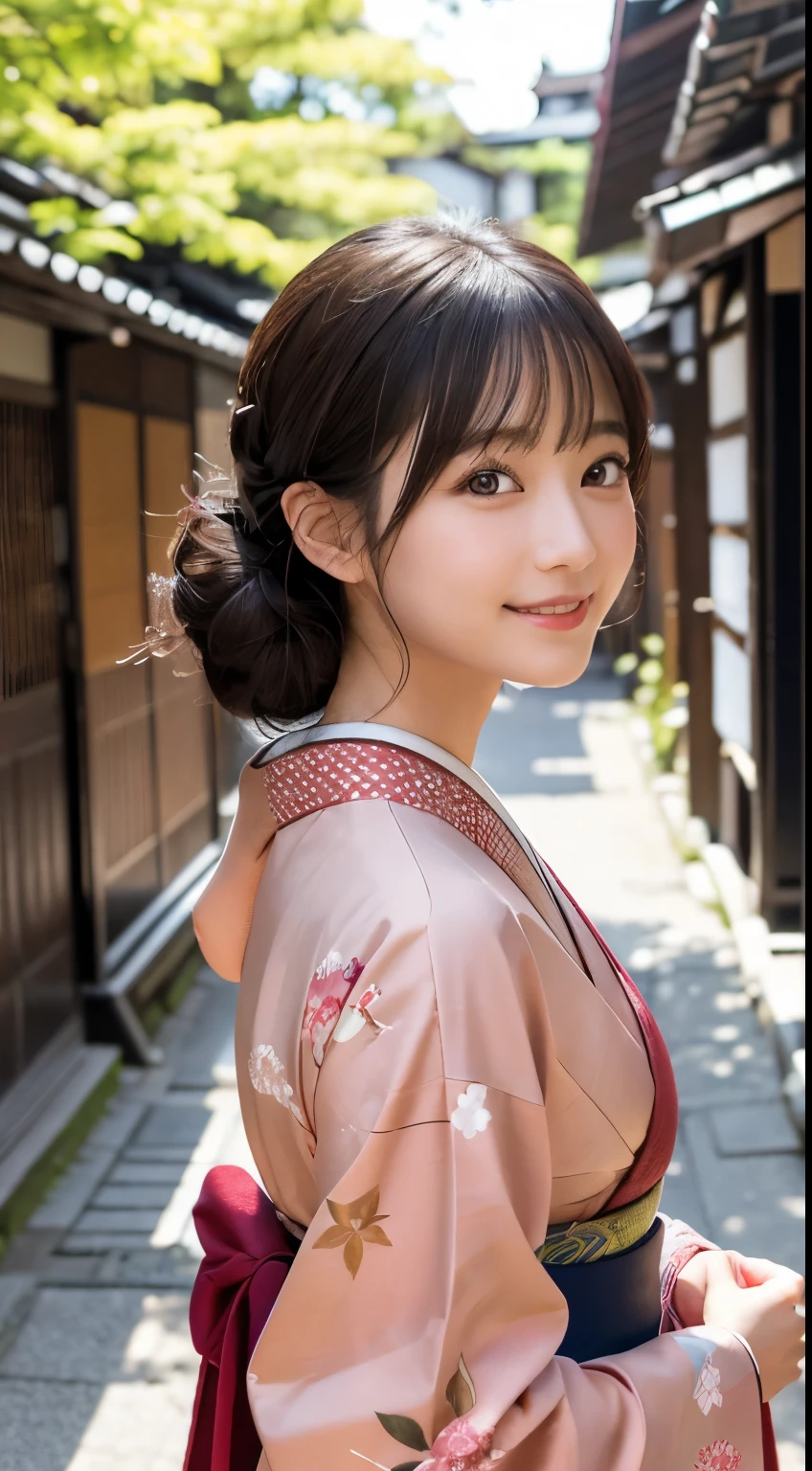 Professional Lighting,(Photorealistic:1.4), (Top image quality:1.0), (超A high resolution:1.0), 8k, Raw photography, (masterpiece:0.2), (Facing the children_v1:0.5)、(最高quality Detail:1.2)、Realistic、8K Ultra HD、High resolution、(1 girl:1.2)、超detailedな、High quality textures、複雑なdetailed、detailed、Very detailed CG、High quality shadows、detailed 美しく繊細な顔、Beautiful details and a delicate eye、(Symmetrical eyes:1.2),Written boundary depth、Ray Tracing,1 girl, Japanese Girls, (Natural smile:1.4),cute, thin, Portrait of a beautiful Japanese woman in a kimono, Standing elegantly on a street corner in Kyoto. Kimono with vibrant traditional patterns, Hair decorated with elegant and delicate hairpins, Gentle expression. (With the old streets of Kyoto in the background:1.4)、The soft light of a spring afternoon、Adding tranquility to the scene. Rendered in a Realistic style with great attention to detail, High resolutionの画像.Sky Porn, Magic Hour, (Realistic:1.3), finely, quality, (Tabletop:1.2), (Realistic:1.2), (最高quality), (複雑なdetailed), dramatic, Ray Tracing, photograph, +roller