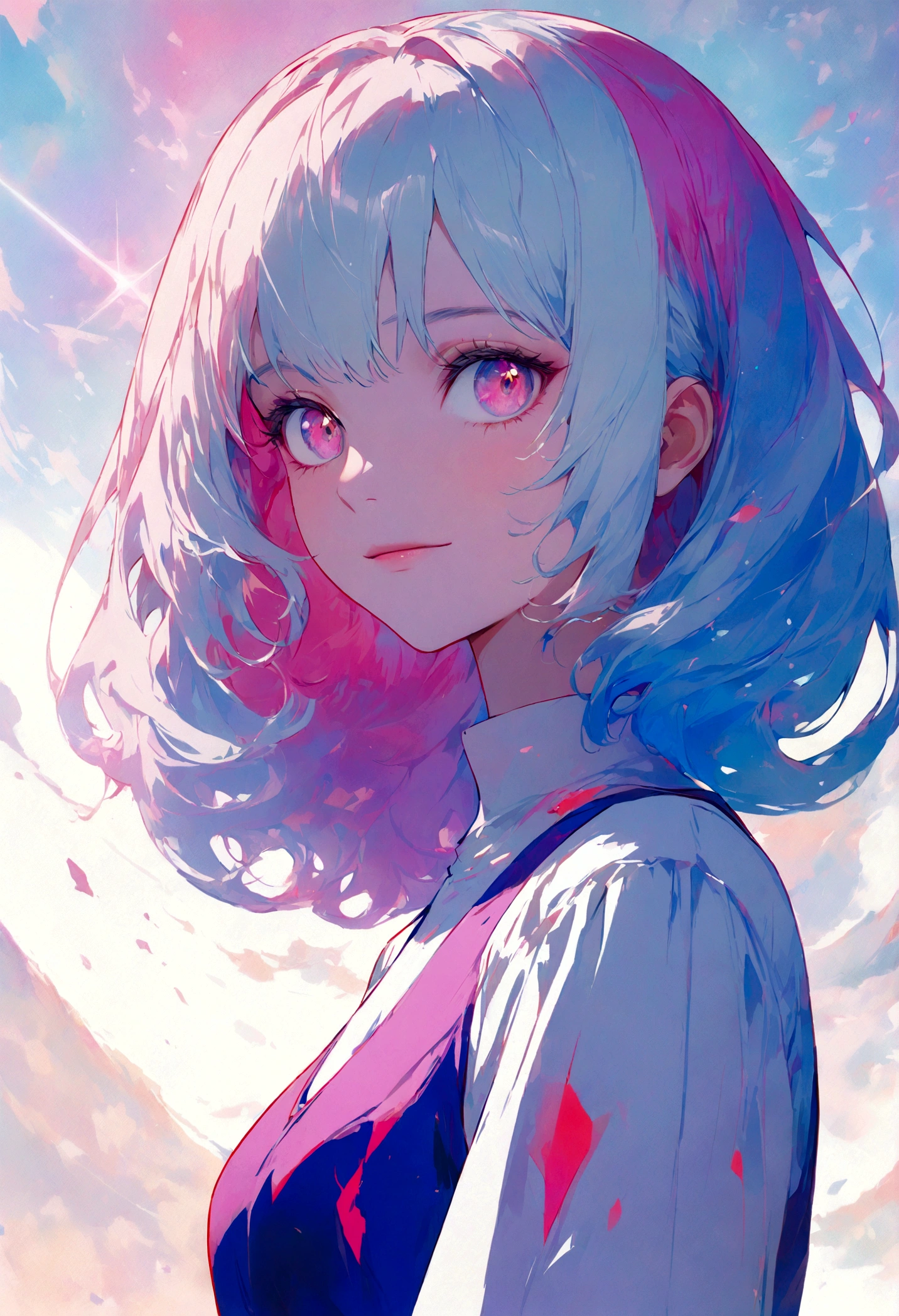 Multicolored Hair, Pupil mismatch, A light smile, Surrealism, Futurism, anime, Minimalism, Romanticism, Expressionism, realism, Diffraction Spikes, masterpiece, Attention to detail, Top Quality Beautiful Girls
