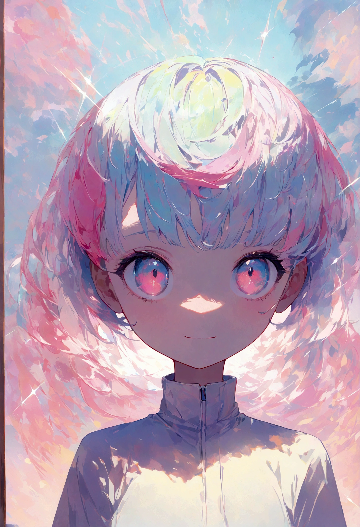 Multicolored Hair, Pupil mismatch, A light smile, Surrealism, Futurism, anime, Minimalism, Romanticism, Expressionism, realism, Diffraction Spikes, masterpiece, Attention to detail, Top Quality Beautiful Girls
