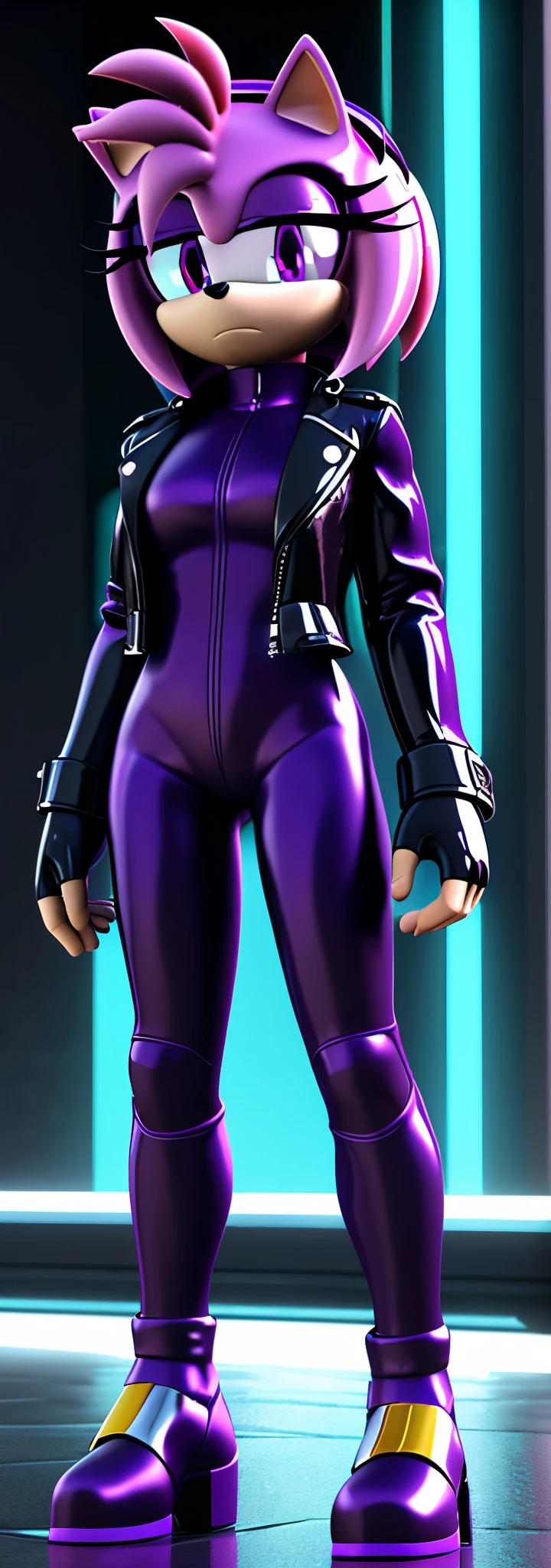 Solo, 1girl, full body image, rendered in SFM, ((sonic oc:1)), from sonic, high detail iconic character, in the new action-movie sonic, cyberpunk city, official render, 3d render official art, toon shader, ((female)), (((purple hedgehog:1))), ((shiny)) (purple fur:1.0), (((Amy rose style quills))), (((metallic purple eyeliner))) ((deep purple eyes:1.5)), ((calm neutral expression)), ray trace 4 k, ray trace 4k, (((metallic purple latex bodysuit))), (((leather jacket))), ((fingerless gloves:0.9))