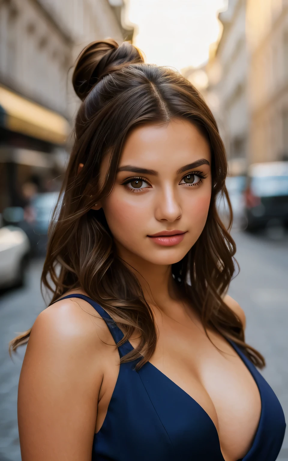 photography of 2 stunning girl, in the city, enjoying, girl, summer, hot girl, (((small bust))), brunette hair, high bun hair, long_hair, looks into the camera, symmetrical face, photorealistic, photography, spectacular lighting,, gorgeous, cleavage, western, (masterpice), best quality, high resolution, extremely detailed, skin with pores, blurred background, depth of field, cinematic lighting, EUROPE, cinematic lighting