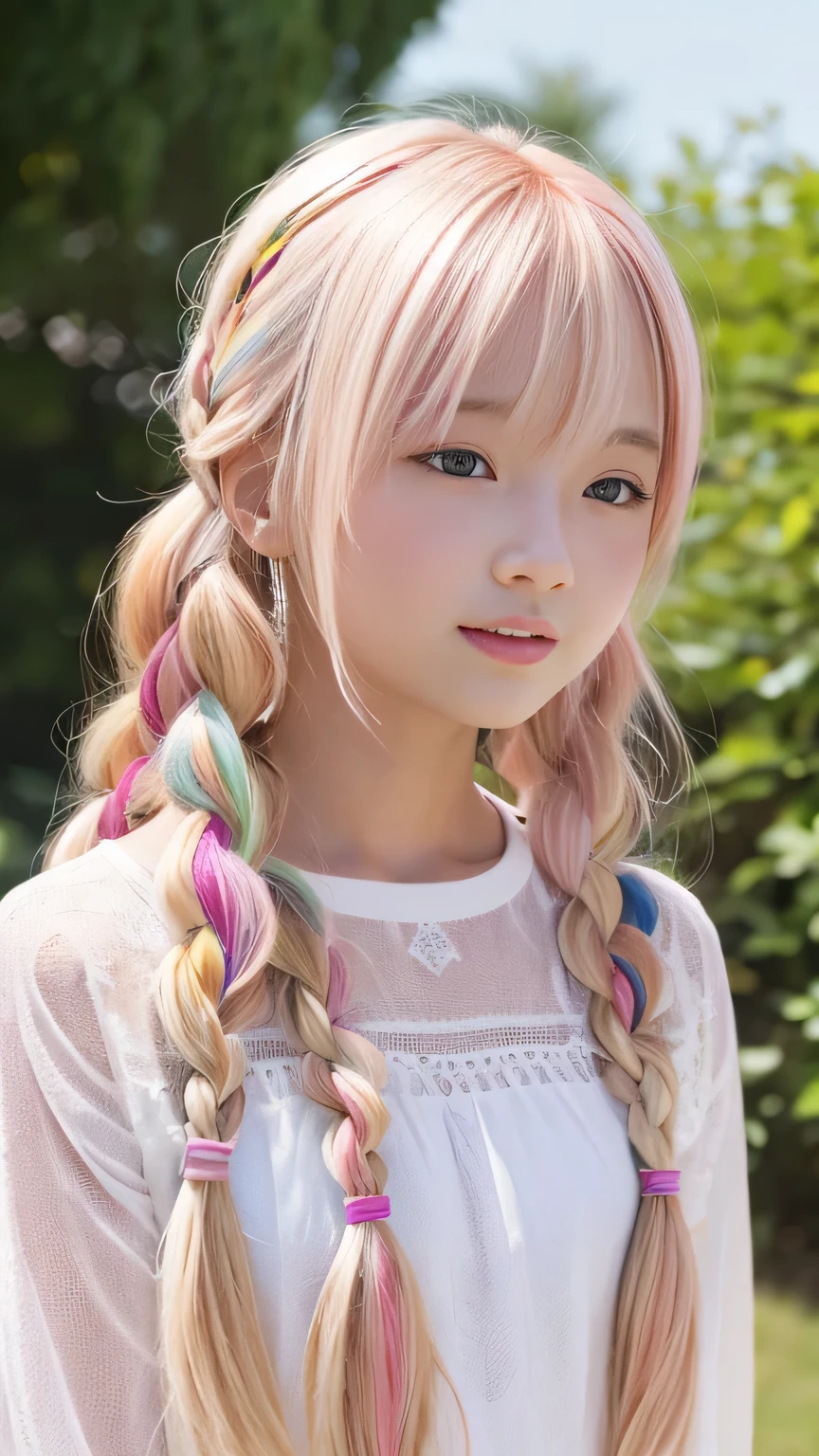 Pale, tanned skin、Sunburn marks on tanned skin、Multicolored Hair、Pink Hair,blonde,Platinum Hair,Brown Hair、A cute 15-year-old girl with a cute look, A strong wind blows my hair in front of my face、beautiful long blonde French braided hair、beautiful, Cute eyes hidden by long bangs、Yawn、Double teeth、No visible nasolabial folds、