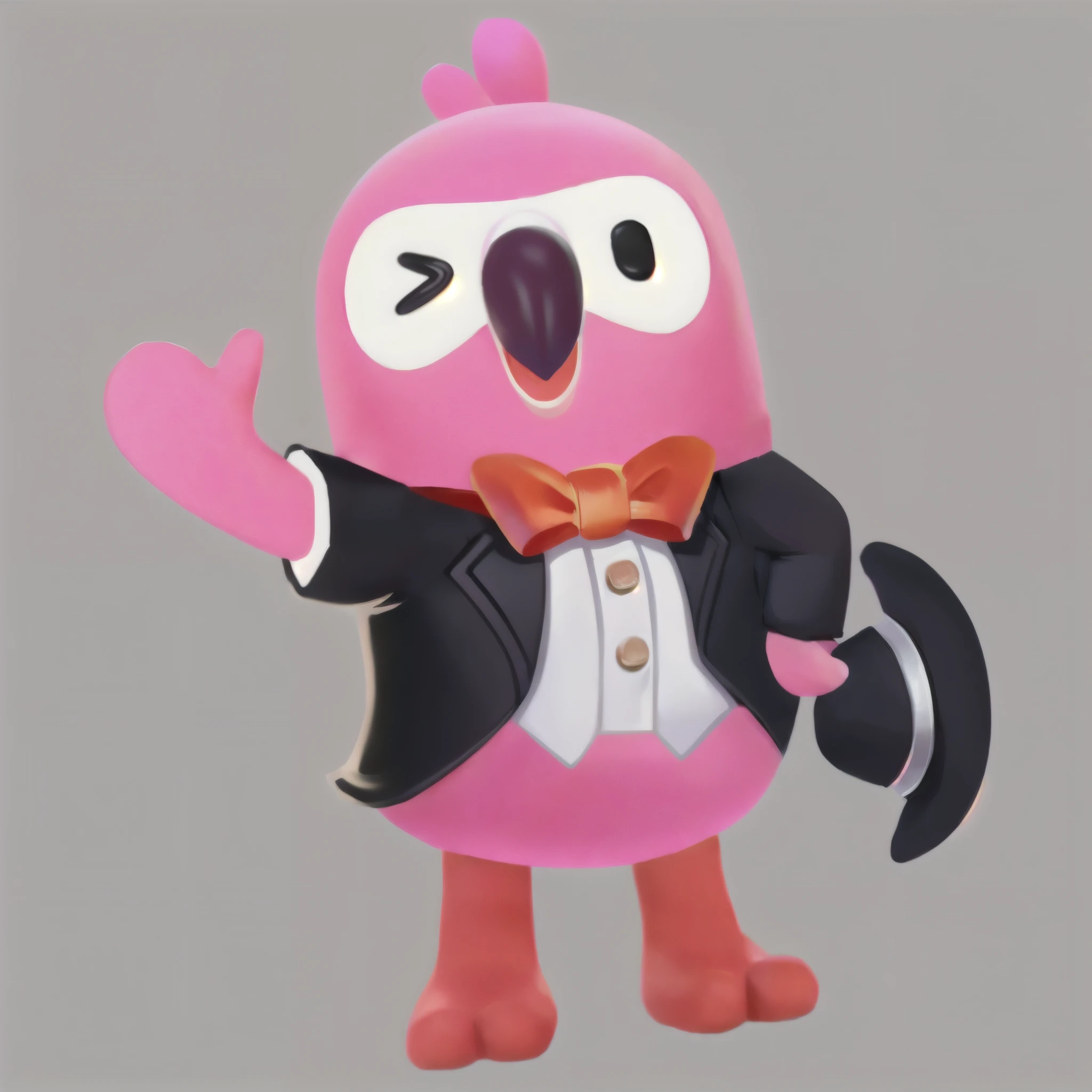 A pink flamingo image ip, wearing a black suit with a red bow tie, crossing his arms, waving his hands, standing, cute expression cute form, pink image