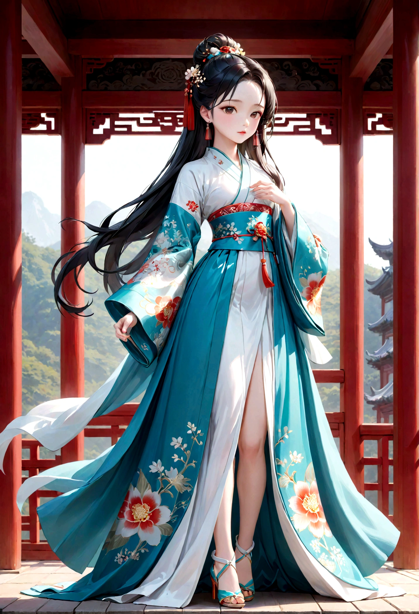 White porcelain artwork,Chinese Fashion Figures,Body,beautiful girl,Element Hanfu long skirt,Vibrant colors,Intricate details,Blind Box,Blind Box玩具,Fine gloss,3D Rendering,Overclocking,Best picture quality,8k,Front view,Standing