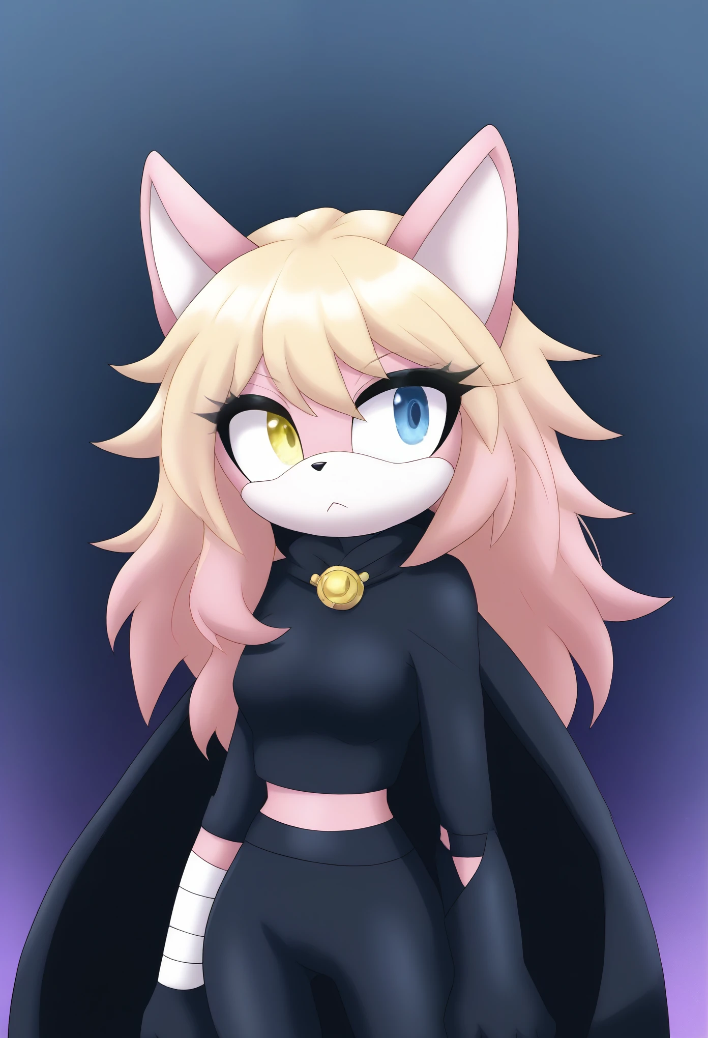 (1girl), (solo), Female Cat, pink fur, (blonde hair), long hair, lower back length hair, large hair bangs, side locks, hair over shoulders, heterochromia, left yellow eye, right light blue eye, (black poncho), black cape, black yoga pants, black fingerless gloves, bandaged arms, eyelashes, looking to the side, daytime, mobian, mobius city, half body, portrait, one hand beside face