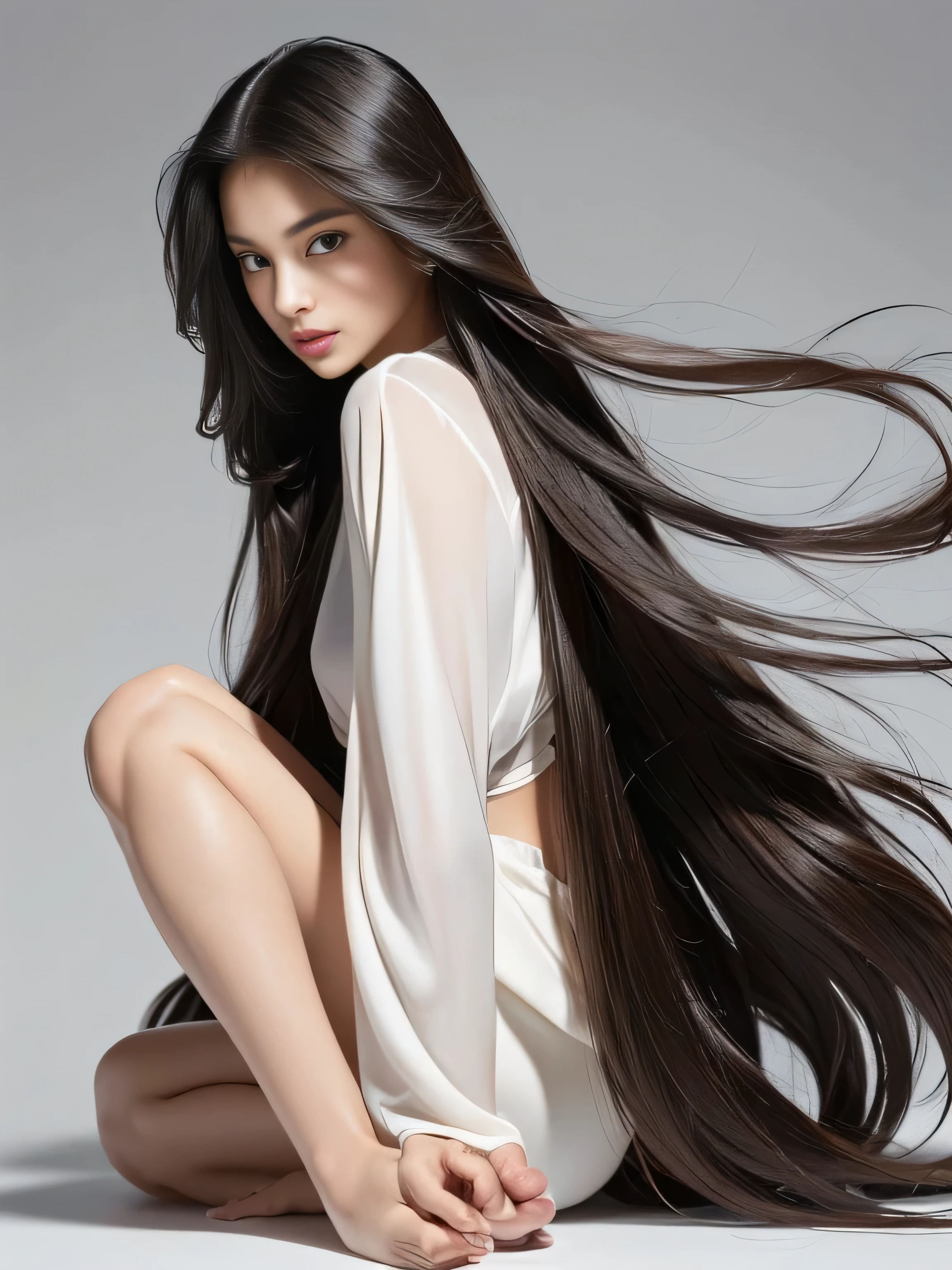 　(Upper Body Shot:1.1)　(In front of a white wall)　(Random sway back stance)　((highest quality)), ((masterpiece)), (Familiar), (Get used to it)　(her hair is incredibly wavy:1.5)　(Very long hair that reaches down to the ankles!!!!!　highest quality　Highest detail　Very long hair that reaches down to the ankles!!!!! Hair that continues to grow forever　Flowing hair　Very shiny and thick hair　Abnormally long hair that lasts forever!!!!!　Flowing hair on both ends!!!!!!!!!　Very long hair that reaches down to the ankles!!!!!　Very long hair that reaches down to the ankles!!!!!　Thick and shiny hair　Very free hair　Abnormally long hair!!!!!　Beautiful silky hair　Beautiful and shiny hair　Beautiful and shiny hair　Beautiful silky hair　Very long hair that reaches down to the ankles!!!!!　Abnormally long hair!!!!!　Abnormally long hair!!!!!)　(highest quality　The best ultra-fine　Very long hair that reaches down to the ankles!!!!!　highest quality　Highest detail　Very long hair that reaches down to the ankles!!!!! Hair that continues to grow forever　Flowing hair　Very shiny and thick hair　Abnormally long hair that lasts forever!!!!!　Flowing hair on both ends!!!!!!!!!　Very long hair that reaches down to the ankles!!!!!　Very long hair that reaches down to the ankles!!!!!　Thick and shiny hair　Very free hair　Abnormally long hair!!!!!　Beautiful silky hair　Beautiful and shiny hair　Beautiful and shiny hair　Beautiful silky hair　Very long hair that reaches down to the ankles!!!!!　Abnormally long hair!!!!!　Abnormally long hair!!!!!)　(Her hair color is dark brown)　Perfect Woman&#39;face　(she has a typical Japanese build and skin color..., Her skin is very high quality and ultra high definition.、very beautiful and glowing skin)　(Her face is dignified and sexy)（she achieved her sexy look with the help of a professional makeup artist.。...　Lipstick is natural red　The eyeliner is a beautiful black)　(she&#39;Wearing shiny white lingerie)　((her bangs are completely cut.))　(she has a typical Japanese build and skin color　Her skin is very delicate and sensitive..、and、Such beautiful and radiant skin)　(Her face is long, Small eyes and nose.、Narrow-mouthed　and the most beautiful)　