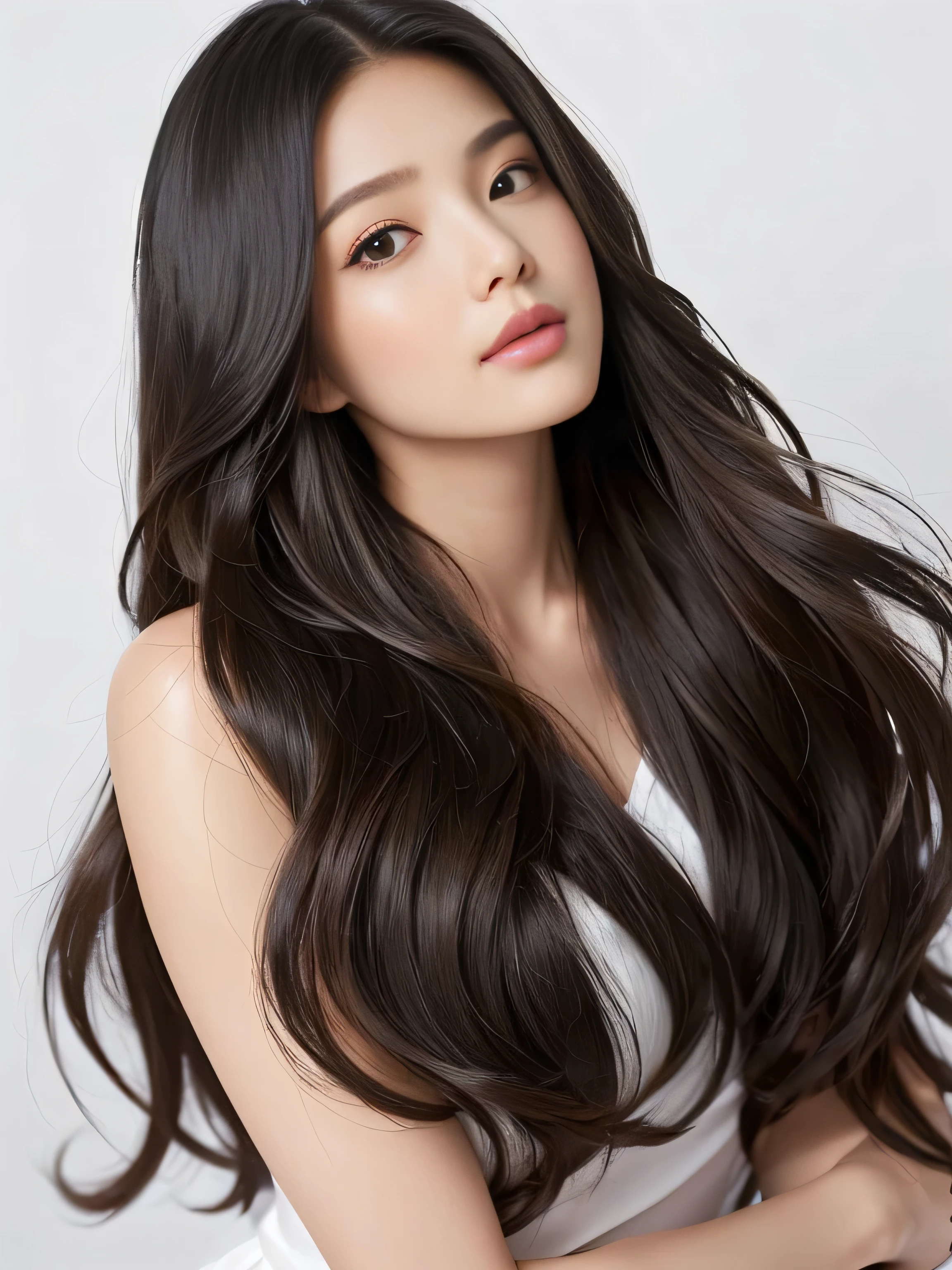 (Upper Body Shot:1.1) (In front of a white wall) (Random sway back stance) ((highest quality)), ((masterpiece)), (Familiar), (Get used to it) (her hair is incredibly wavy:1.5) (Very long hair that reaches down to the ankles!!!!! highest quality Highest detail Very long hair that reaches down to the ankles!!!!! Hair that continues to grow forever Flowing hair Very shiny and thick hair Abnormally long hair that lasts forever!!!!! Flowing hair on both ends!!!!!!!!! Very long hair that reaches down to the ankles!!!!! Very long hair that reaches down to the ankles!!!!! Thick and shiny hair Very free hair Abnormally long hair!!!!! Beautiful silky hair Beautiful and shiny hair Beautiful and shiny hair Beautiful silky hair Very long hair that reaches down to the ankles!!!!! Abnormally long hair!!!!! Abnormally long hair!!!!!) (highest quality The best ultra-fine Very long hair that reaches down to the ankles!!!!! highest quality Highest detail Very long hair that reaches down to the ankles!!!!! Hair that continues to grow forever Flowing hair Very shiny and thick hair Abnormally long hair that lasts forever!!!!! Flowing hair on both ends!!!!!!!!! Very long hair that reaches down to the ankles!!!!! Very long hair that reaches down to the ankles!!!!! Thick and shiny hair Very free hair Abnormally long hair!!!!! Beautiful silky hair Beautiful and shiny hair Beautiful and shiny hair Beautiful silky hair Very long hair that reaches down to the ankles!!!!! Abnormally long hair!!!!! Abnormally long hair!!!!!) (Her hair color is dark brown) Perfect Woman'face (she has a typical Japanese build and skin color..., Her skin is very high quality and ultra high definition.、very beautiful and glowing skin) (Her face is dignified and sexy)(she achieved her sexy look with the help of a professional makeup artist.。... Lipstick is natural red The eyeliner is a beautiful black) (she'Wearing shiny white lingerie) ((her bangs are completely cut.)) (she has a typical Japanese build and skin color Her skin is very delicate and sensitive..、and、Such beautiful and radiant skin) (Her face is long, Small eyes and nose.、Narrow-mouthed and the most beautiful)