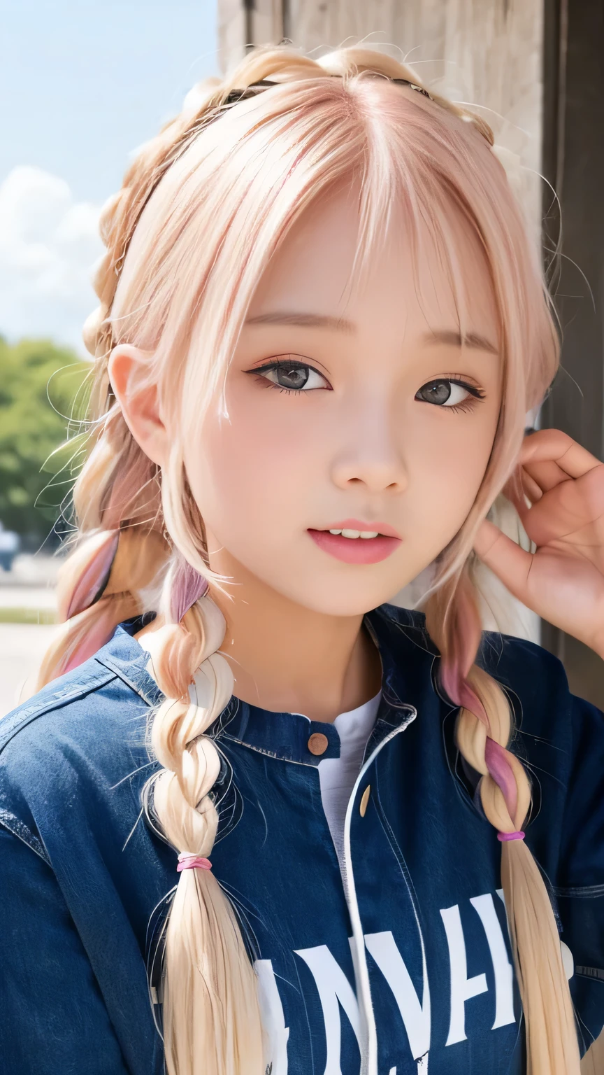 Pale, tanned skin、Sunburn marks on tanned skin、Multicolored Hair、Pink Hair,blonde,Platinum Hair,Brown Hair、A cute 15-year-old girl with a cute look, A strong wind blows my hair in front of my face、beautiful long blonde French braided hair、beautiful, Cute eyes hidden by long bangs、Yawn、Double teeth、No visible nasolabial folds、