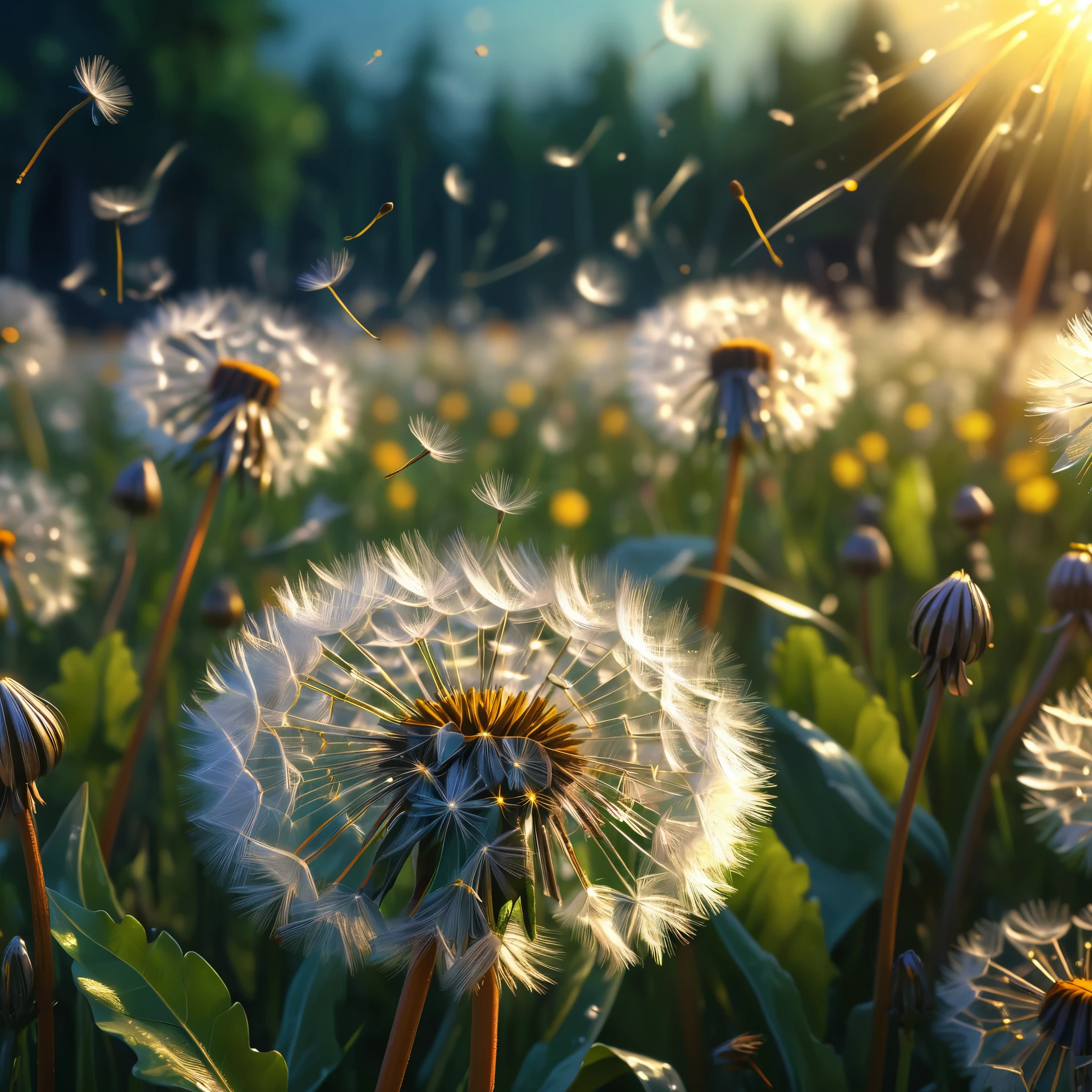 a beautiful enchanting fantasy field of dandelion flowers, delicate petals dancing in the wind, glowing magical flowers, intricate details, dynamic striking composition, high quality concept art, fantasy digital painting, hyper detailed, 8k, photorealistic, cinematic dramatic lighting, vivid vibrant colors, ethereal atmosphere