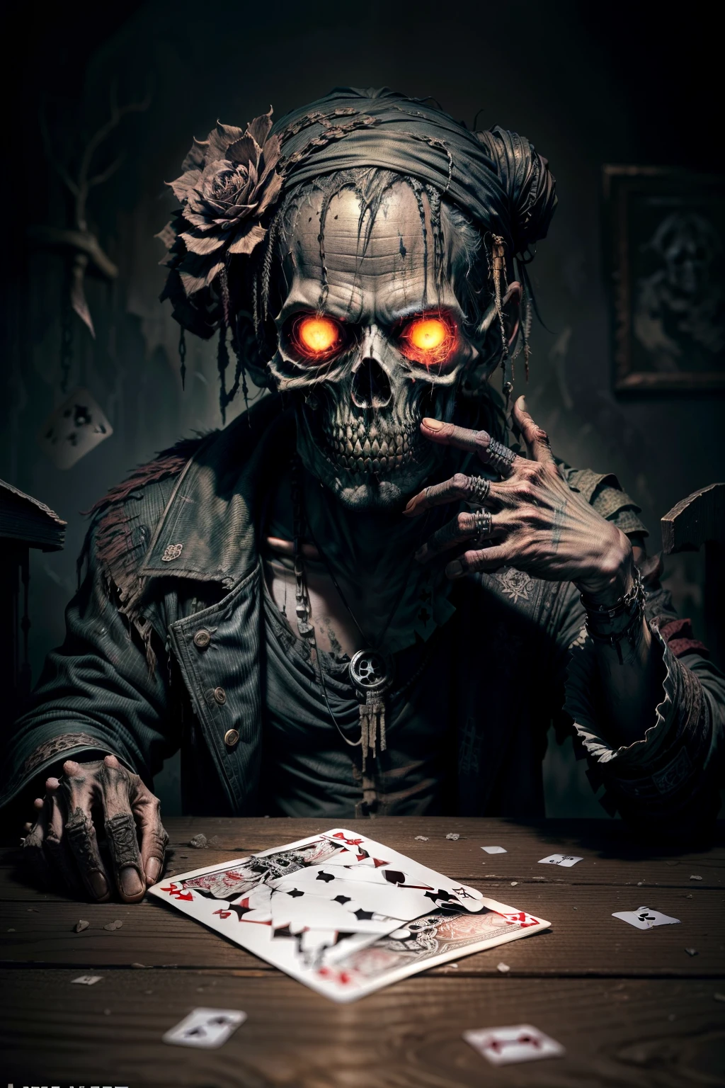 A decaying, bony hand, clad in tattered rags, grips a gruesome playing card adorned with skulls and bones, a chilling symbol of impending destiny, rising from the shadows, obscure and ominous.