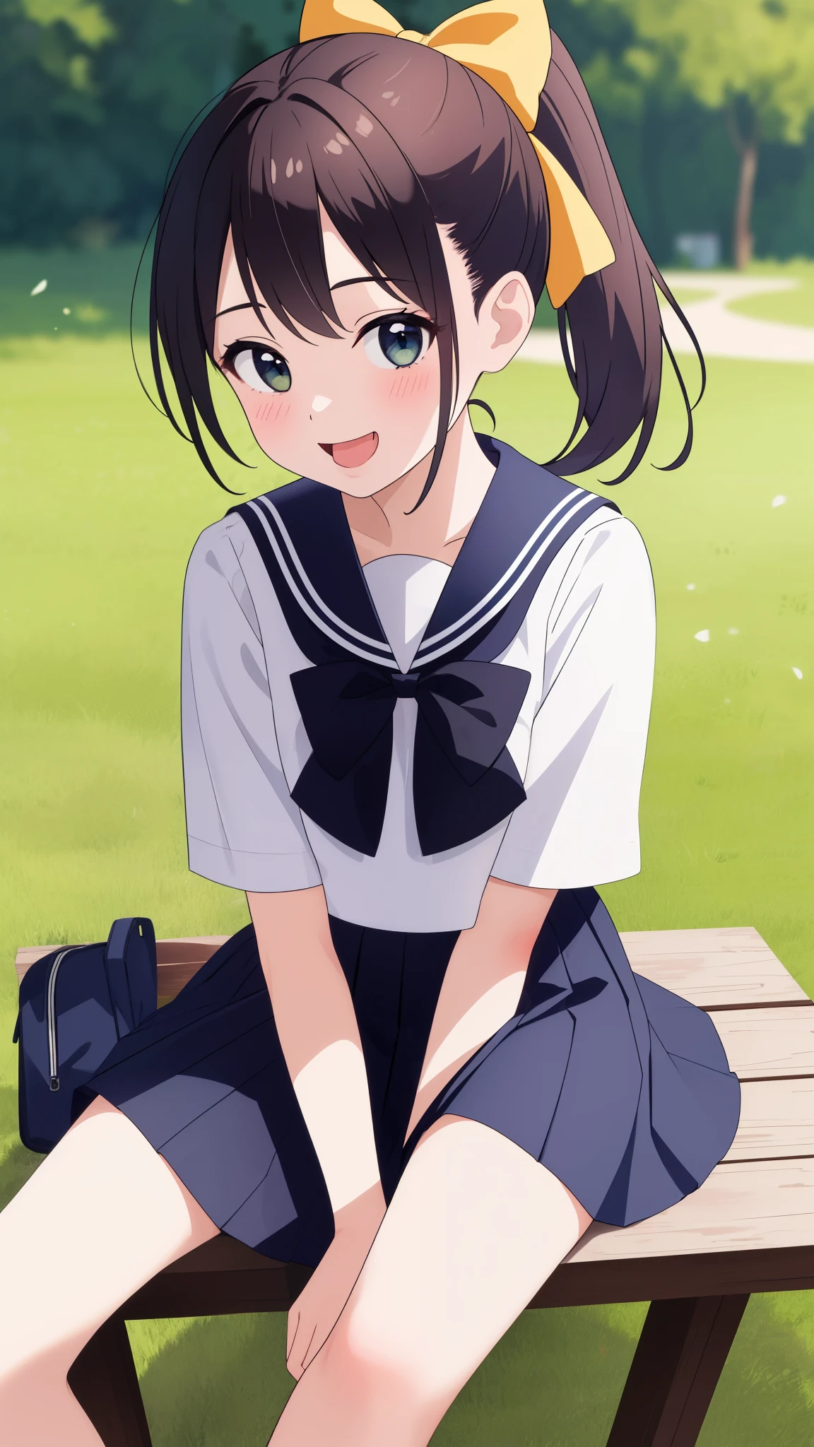 ultra-detailed,masterpiece,best quality,jcf, 1girl,,black ponytail,large bow,,shirt,skirt, Laughing with your mouth open、Sit on the grass、Image viewed from the front、Sit with your knees up、