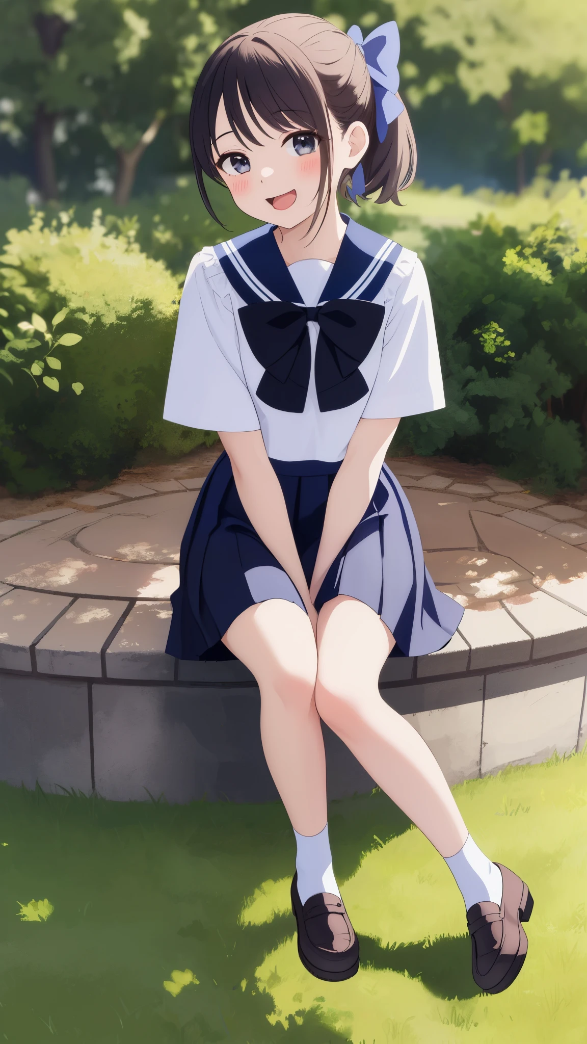 ultra-detailed,masterpiece,best quality,jcf, 1girl,,black ponytail,large bow,,shirt,skirt, Laughing with your mouth open、Sit on the grass、Image viewed from the front、Sit with your knees up、
