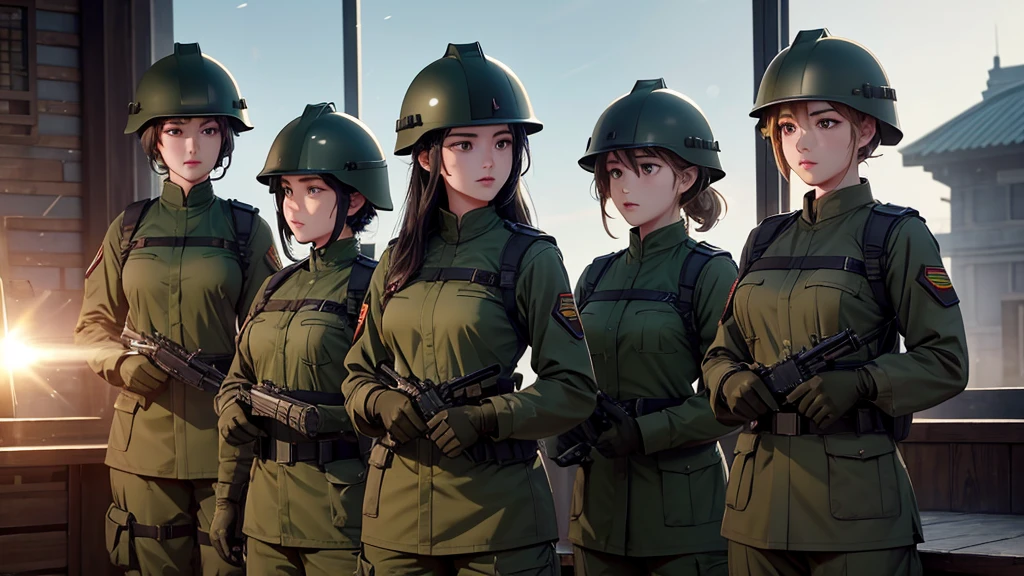 5 female soldiers in dark green uniforms、stand together、Above the thigh、Wear a steel helmet、wear gloves、Write details、masterpiece、best quality、Highly detailed CG、8K picture quality、theater lighting、lens flare