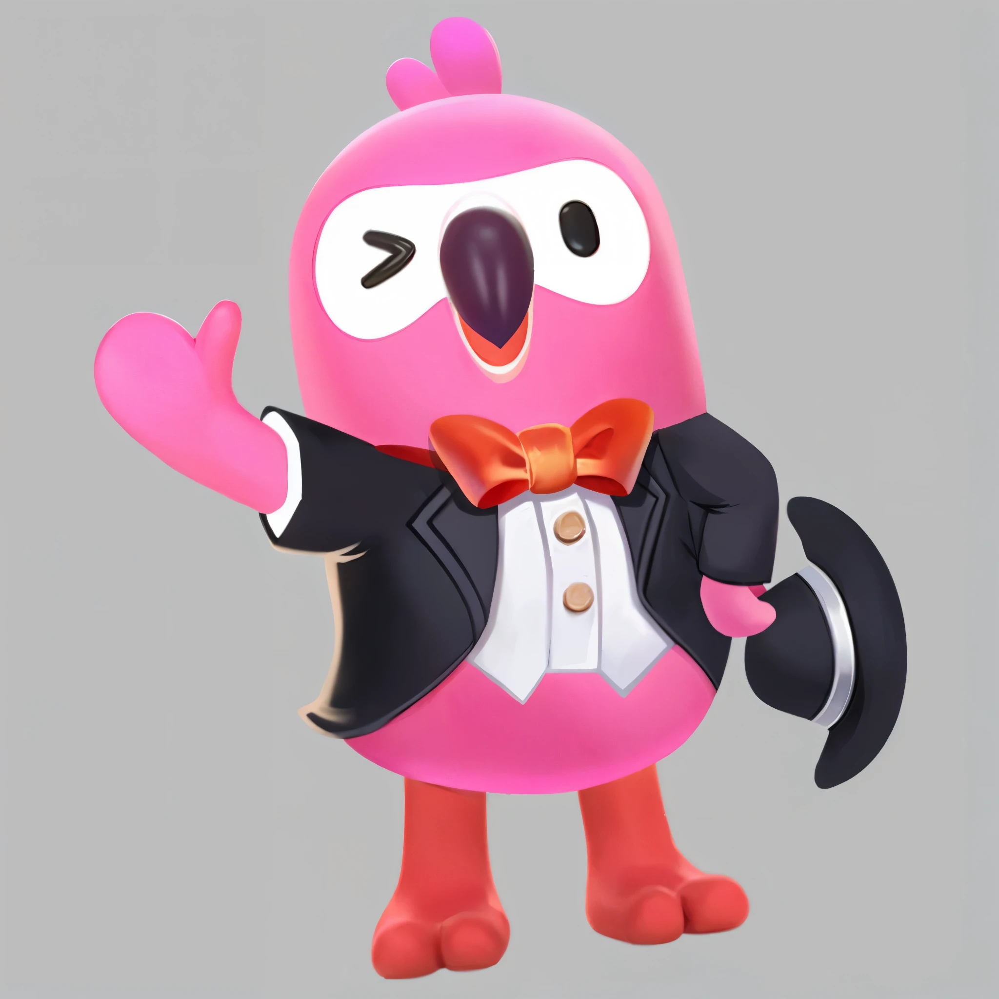 A pink flamingo image ip, wearing a black suit with a red bow tie, crossing his arms, waving his hands, standing, cute expression cute form, pink image
