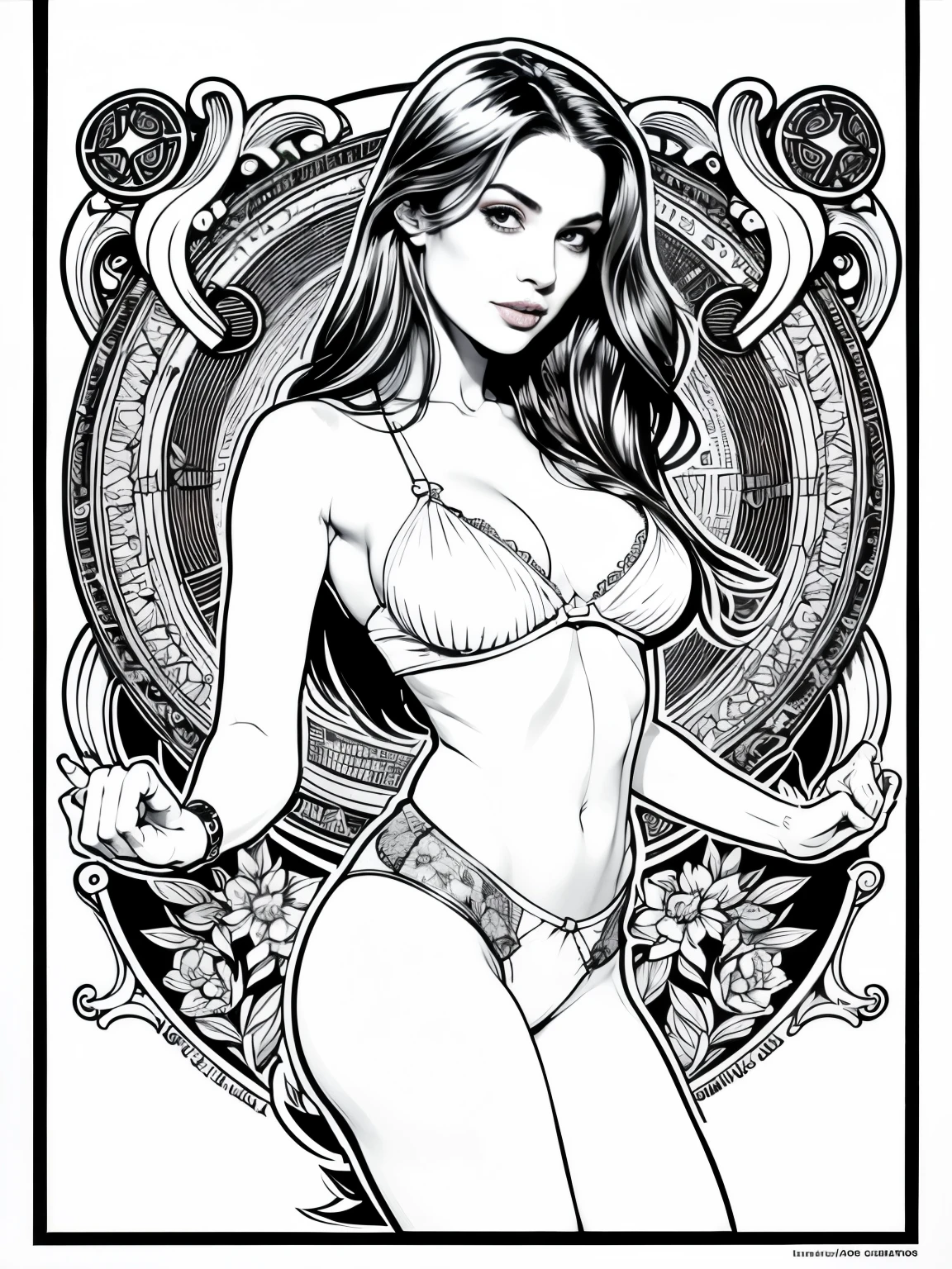 adult colouring book, no detail, outline no colour, fill frame, clipart white background an ultra hot gorgeous european woman, age 23, she&#39;s a men&#39;s magazine model, she’s a playmate. She wears a white micro bikini with tropical patterns, high detail adult coloring book page thin black lines white background, Milo Manara style, no shading, b/w image, clean line art, no color,clean simple lineart, vector, ultra realistic. She’s on a tropical island. Jungle background mixed with mandala pattern