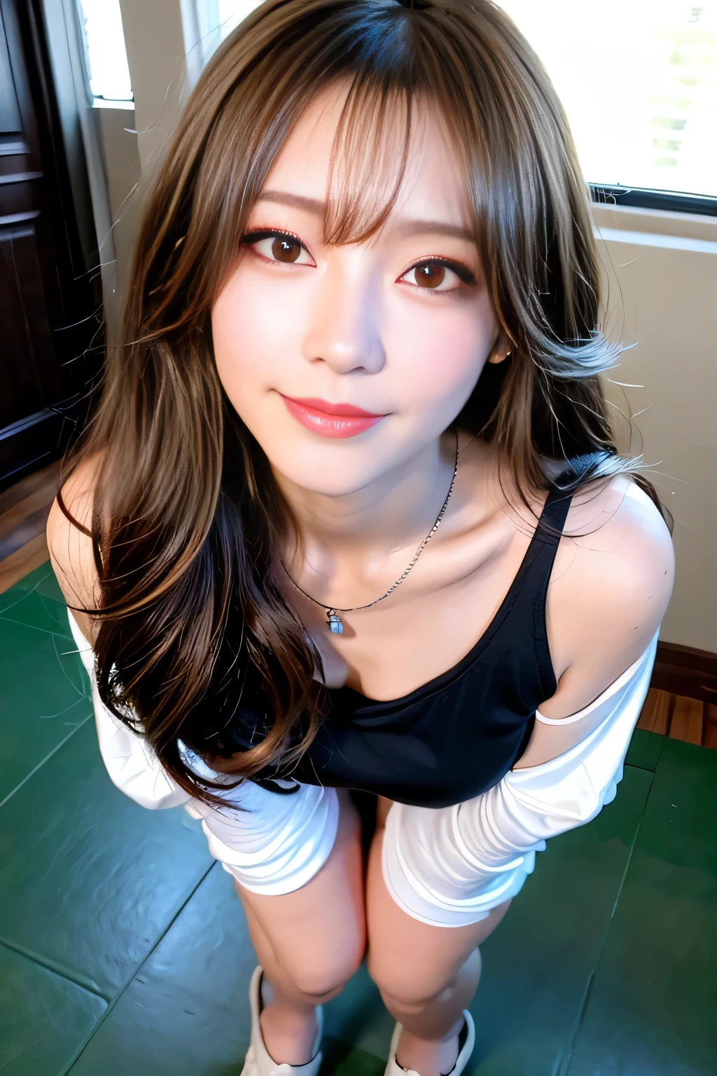 ((Full Body Angle))、overhead shot,((highest quality, 8K, masterpiece: 1.3)), concentrated: 1.2, Cute girl 1,Nipples erect、 Perfect beauty: 1.4,Cut and sewn T-shirt Raglan sleeve summer short sleeve T-shirt.Shorts: 1.2,Long sleeve、Randall Color、comics＆Text Graphics、Black ruffle-trimmed drawstring zip blouse,1.1, Highly detailed face and skin textures, Fine grain, double eyelid, whitening skin, ,highest quality,Ultra-high resolution,you,1 girl,alone,_Shiny_skin,Iris,necklace,((Brown_length_Wavy_hair)),(lips)),eyelash,Front hair,deal with,compensate,Shiny,pore,skin texture,Large Breasts、smiling face、Front hair、
