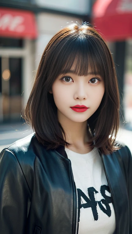 a beautiful japanese girl, intricate details, random hairstyle, (best quality,8k,ultra-detailed,hyper-realistic,photorealistic,masterpiece:1.3),extremely detailed face and eyes,long eyelashes,beautiful skin,flawless,natural lighting,cinematic composition,vibrant colors,stunning，Design an image of a young Japanese woman with a modern and stylish appearance. She has short, sleek black hair with a slightly edgy cut. She is wearing trendy, Her makeup is minimal but striking, with a flawless base, bold eyeliner, and a matte red lip. She is dressed in a contemporary, fashionable outfit such as a leather jacket, a graphic tee, and high-waisted pants. The background is an urban street scene with modern architecture and street art. She is leaning against a wall, looking confidently at the camera with a slight smirk，a beautiful japanese girl, intricate details, random hairstyle, (best quality,8k,ultra-detailed,hyper-realistic,photorealistic,masterpiece:1.3),extremely detailed face and eyes,long eyelashes,beautiful skin,flawless,natural lighting,cinematic composition,vibrant colors,stunning．
