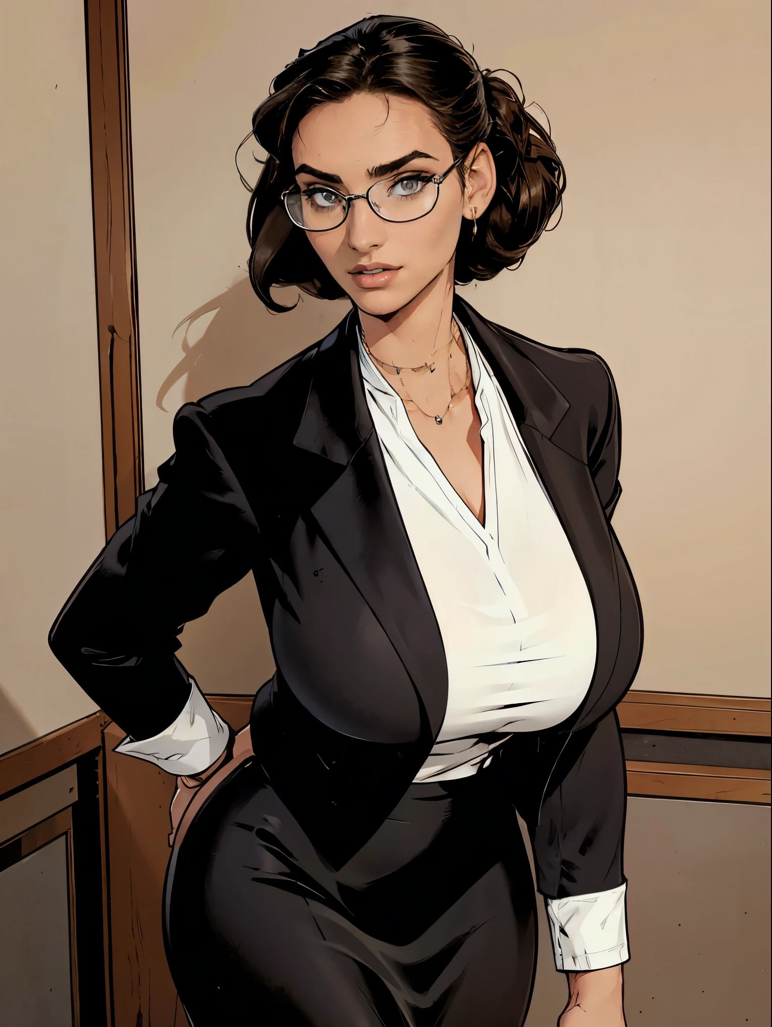 Gorgeous and sultry busty athletic (thin) brunette with sharp facial features and a (large nose) and (huge boobs) wearing a black blazer, white blouse and black pencil skirt, glasses, updo