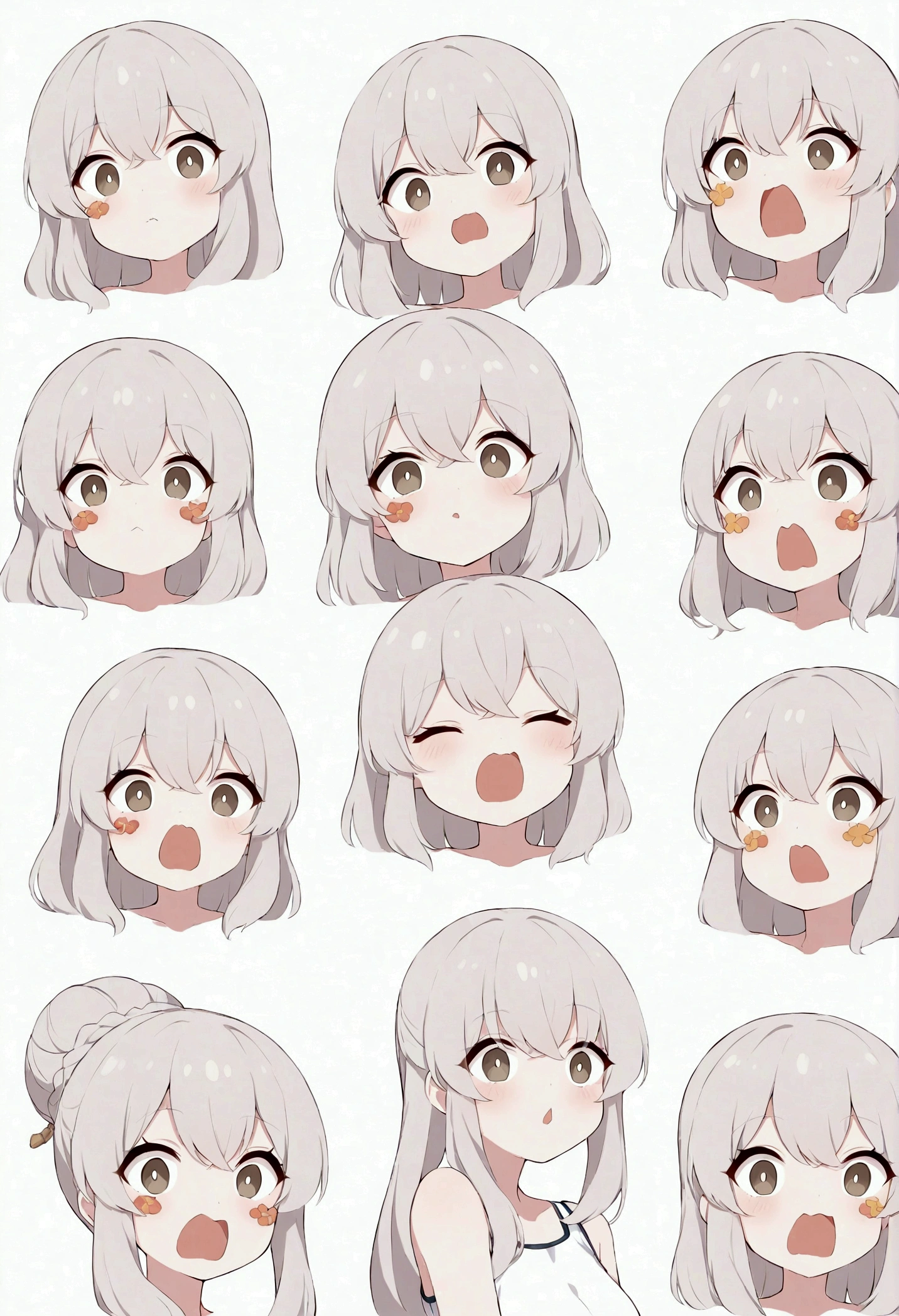 Cute and humorous Q version Chinese girl，Wearing Chinese Song Dynasty summer clothes，Pure white background，big eyes，16 different facial expressions，Facial Expressions，expression sheet，Various poses and expressions，Humanoid style，sticker，Simple classical style，Showing a variety of emotions