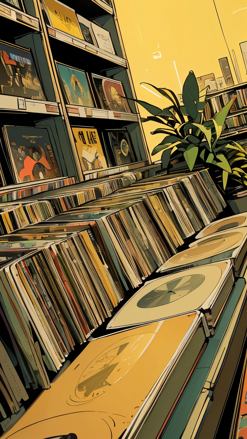 extreme quality, masterpiece, 8k, depth of field, intricate details, (((unattended))), space, movie poster, (((record store))), nostalgia, panorama, long shot, (((records on the shelves.))), (((Various angles))),Future Interior, (((neon))), (((Plants))), (((yellow color)))