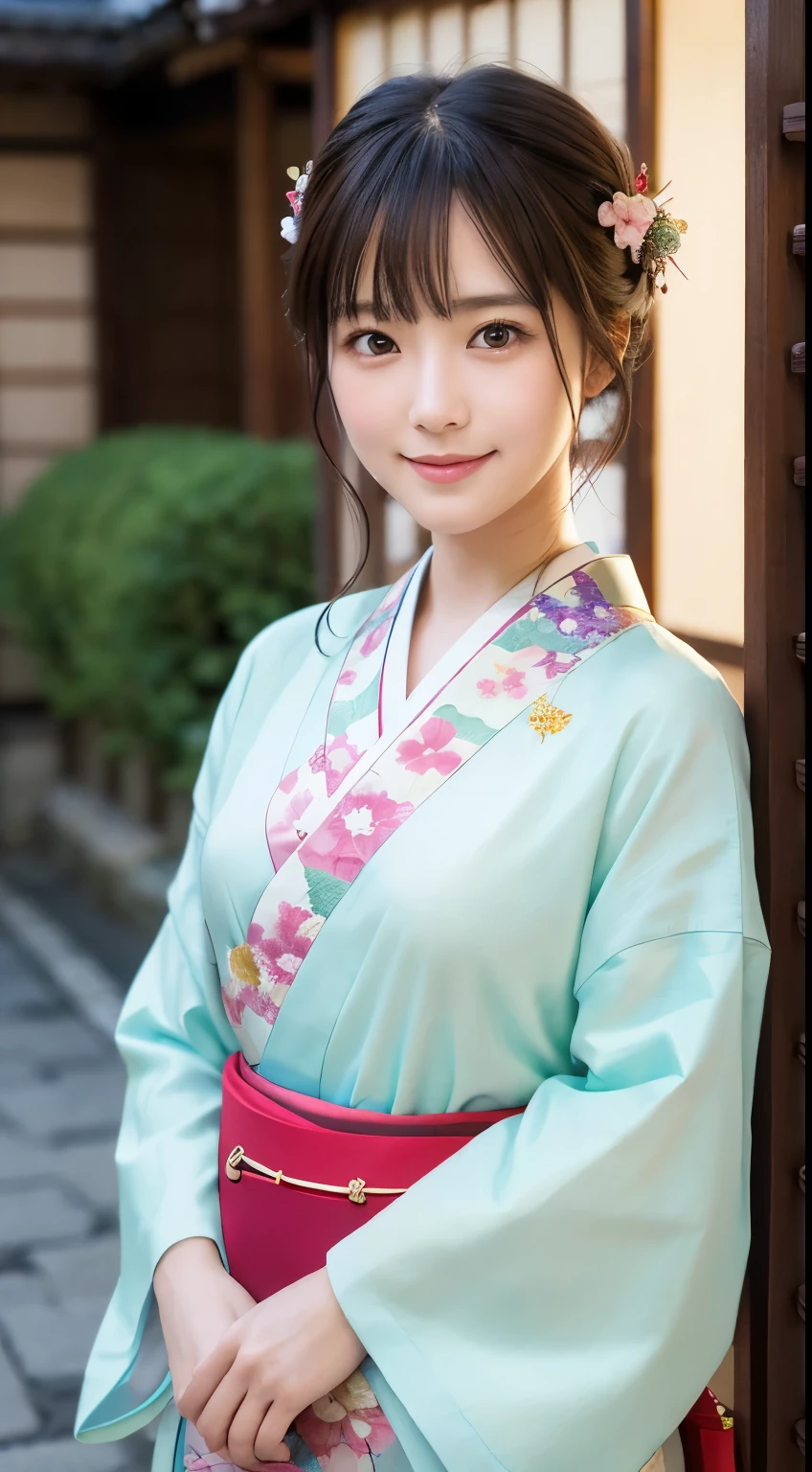 Professional Lighting,(Photorealistic:1.4), (Top image quality:1.0), (超A high resolution:1.0), 8k, Raw photography, (masterpiece:0.2), (Facing the children_v1:0.5)、(最高quality Detail:1.2)、Realistic、8K Ultra HD、High resolution、(1 girl:1.2)、超detailedな、High quality textures、複雑なdetailed、detailed、Very detailed CG、High quality shadows、detailed 美しく繊細な顔、Beautiful details and a delicate eye、(Symmetrical eyes:1.2),Written boundary depth、Ray Tracing,1 girl, Japanese Girls, (Natural smile:1.4),cute, thin, Portrait of a beautiful Japanese woman in a kimono, Standing elegantly on a street corner in Kyoto. Kimono with vibrant traditional patterns, Hair decorated with elegant and delicate hairpins, Gentle expression. (With the old streets of Kyoto in the background:1.4)、The soft light of a spring afternoon、Adding tranquility to the scene. Rendered in a Realistic style with great attention to detail, High resolutionの画像.Sky Porn, Magic Hour, (Realistic:1.3), finely, quality, (Tabletop:1.2), (Realistic:1.2), (最高quality), (複雑なdetailed), dramatic, Ray Tracing, photograph, +roller