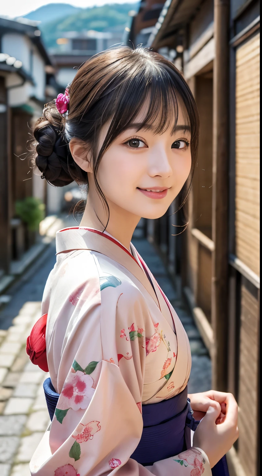 Professional Lighting,(Photorealistic:1.4), (Top image quality:1.0), (超A high resolution:1.0), 8k, Raw photography, (masterpiece:0.2), (Facing the children_v1:0.5)、(最高quality Detail:1.2)、Realistic、8K Ultra HD、High resolution、(1 girl:1.2)、超detailedな、High quality textures、複雑なdetailed、detailed、Very detailed CG、High quality shadows、detailed 美しく繊細な顔、Beautiful details and a delicate eye、(Symmetrical eyes:1.2),Written boundary depth、Ray Tracing,1 girl, Japanese Girls, (Natural smile:1.4),cute, thin, Portrait of a beautiful Japanese woman in a kimono, Standing elegantly on a street corner in Kyoto. Kimono with vibrant traditional patterns, Hair decorated with elegant and delicate hairpins, Gentle expression. (With the old streets of Kyoto in the background:1.4)、The soft light of a spring afternoon、Adding tranquility to the scene. Rendered in a Realistic style with great attention to detail, High resolutionの画像.Sky Porn, Magic Hour, (Realistic:1.3), finely, quality, (Tabletop:1.2), (Realistic:1.2), (最高quality), (複雑なdetailed), dramatic, Ray Tracing, photograph, +roller