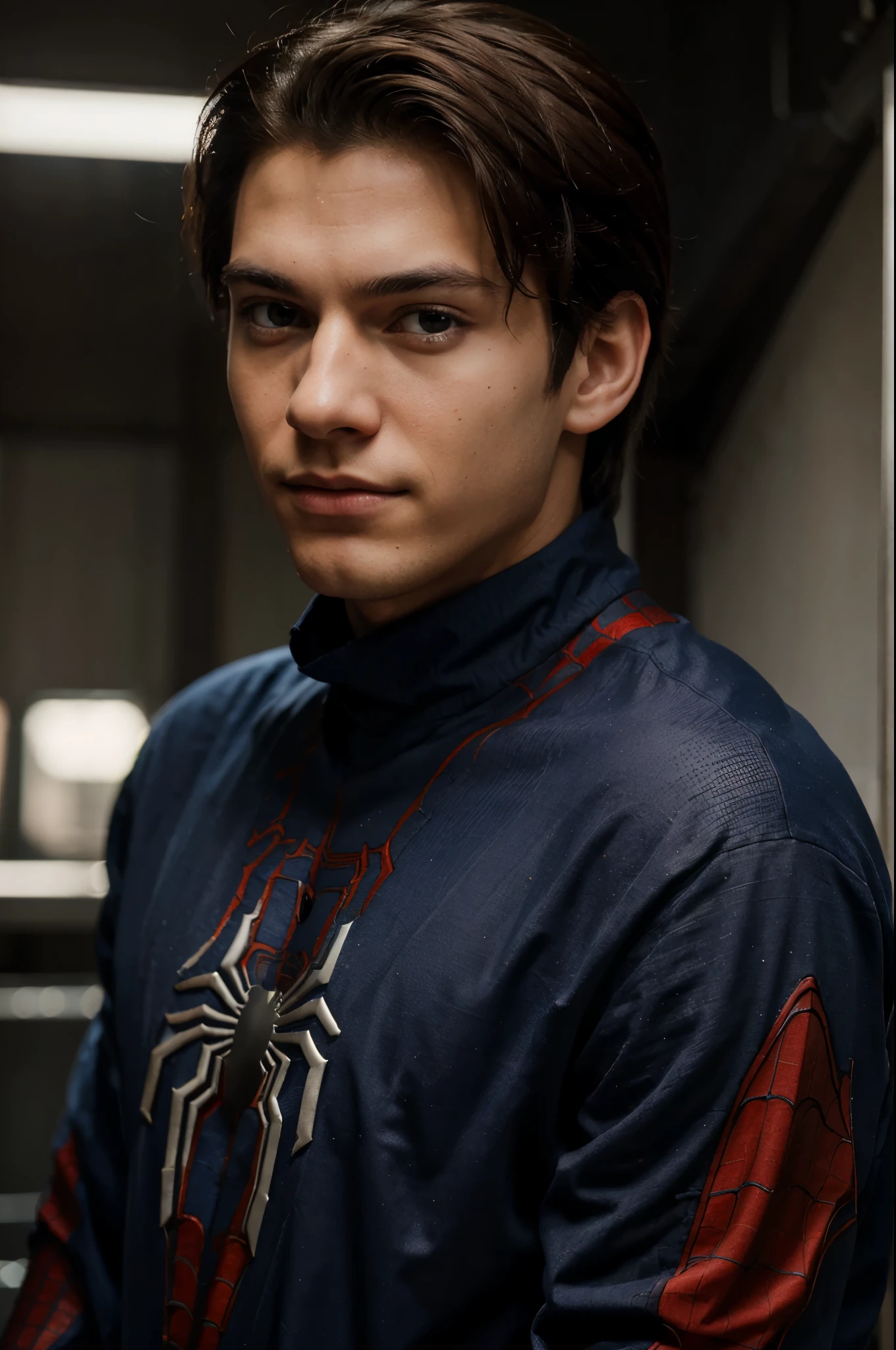 A photograph of spider man, no mask, 20 yo, handsome, detailed face, looking at camera, portrait, 8k uhd, high quality