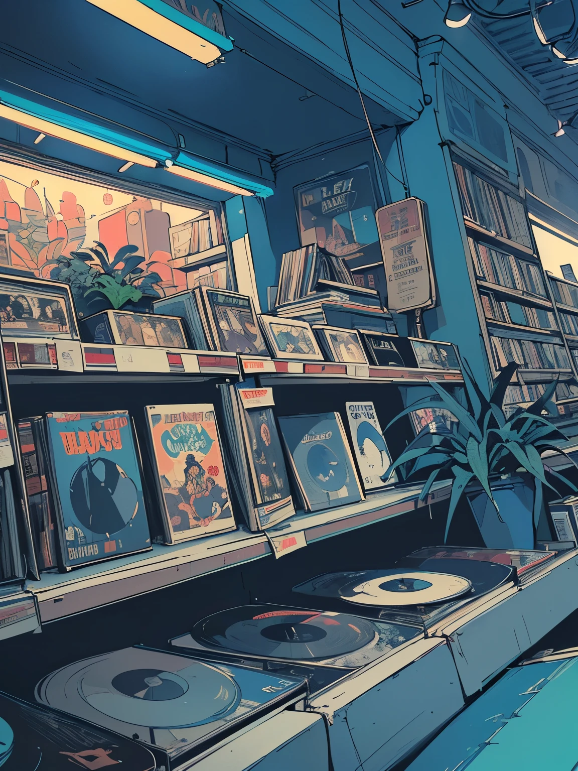 extreme quality, masterpiece, 8k, depth of field, intricate details, (((unattended))), space, movie poster, (((record store))), nostalgia, panorama, long shot, (((records on the shelves.))), (((Various angles))),Future Interior, (((neon))), (((Plants))), (((blue color)))