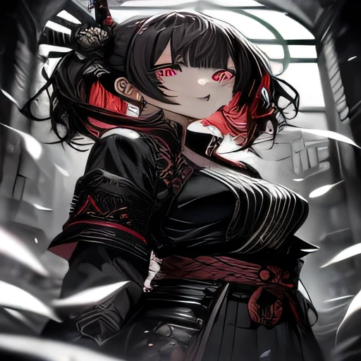 Samurai sword、Twin-tailed、Side Up、red eyes、mobile phone、iphone、Full body、A dark-haired、Gothic punk、A dark-haired、Blunt bangs、Ahegao ( Silly / Sexual ecstasy)、Cross-eyed、Stranger、View other people、Blunt bangs、 over-kneehighs,Ahegao , Silly,Sexual ecstasy,Drunken eyes,Blunt bangs,(masutepiece:1.2, Best Quality), (finely detailed beautiful eye: 1.2), (Detailed background,Dark Fantasy), (beautifull detailed face), High contrast, (Best Illumination, extremely delicate and beautiful), ((Cinematic Light)), Colorful, Hyper Detail, Dramatic light, Intricate details,